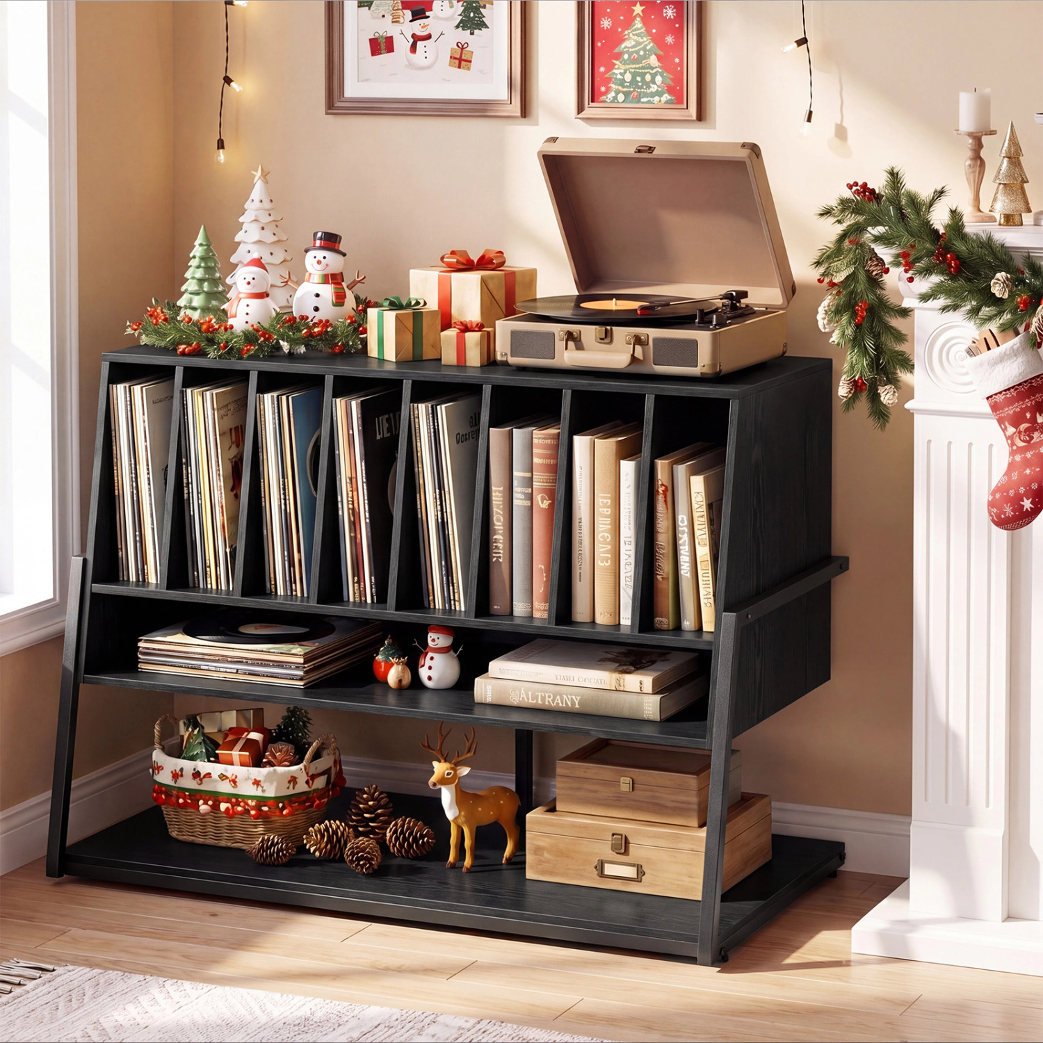 LJG Turntable Stand with Charging Station and Vinyl Storage