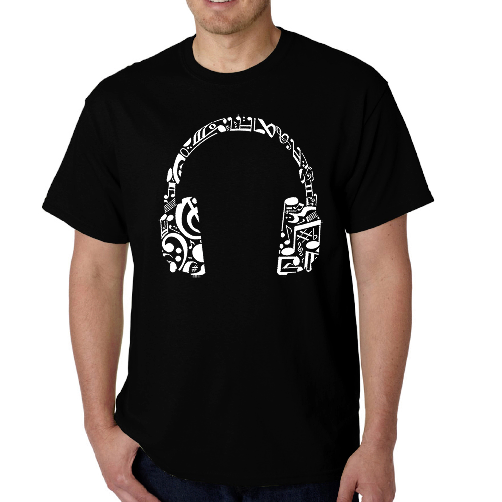 LA Pop Art Men's Music Note Headphones Word T-Shirt - 100% Cotton Crew Neck Short Sleeve