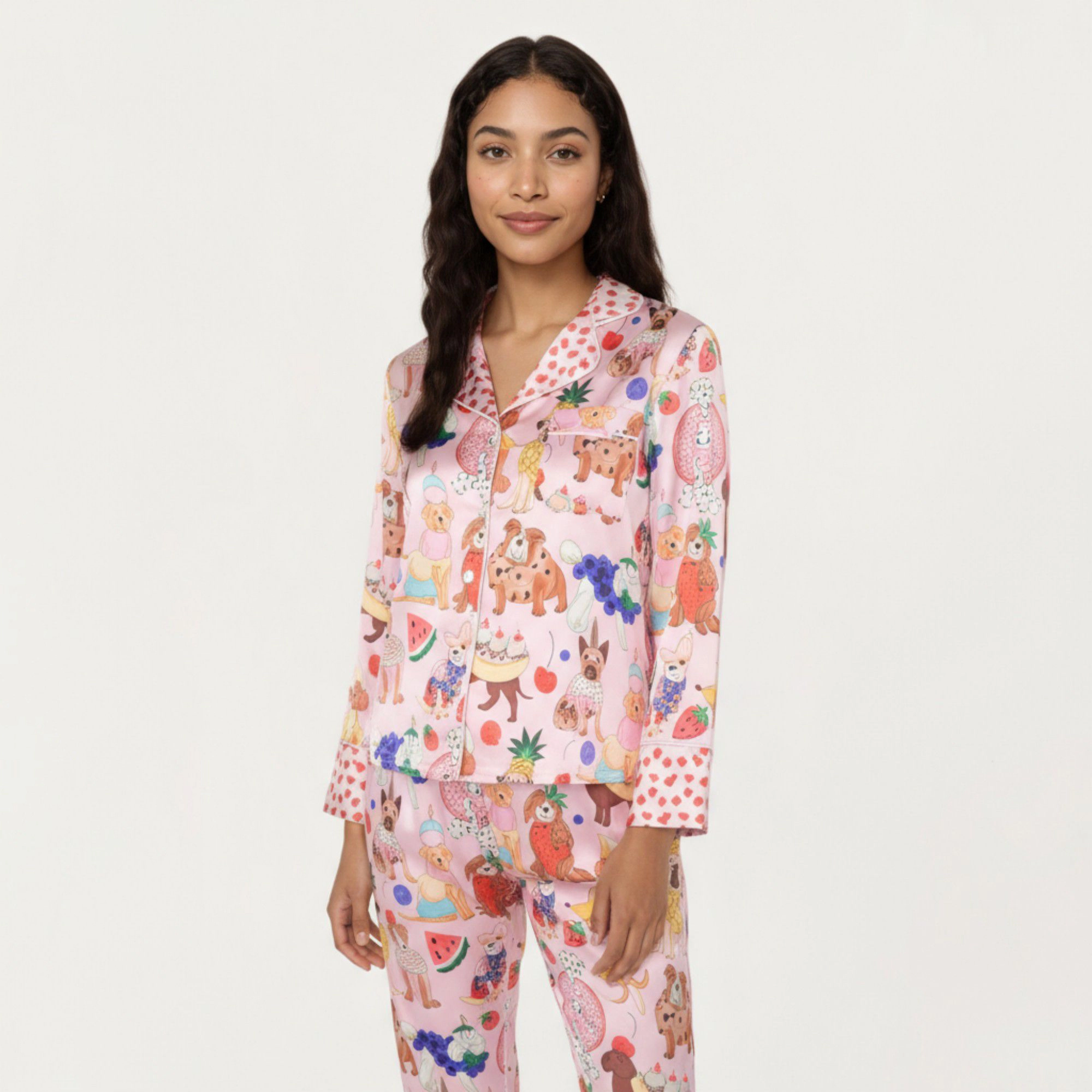 Anna-Kaci Women's 2-Piece Button Front Pajama Set with Playful Dog Print and Soft Silky Fabric for Relaxed Comfort