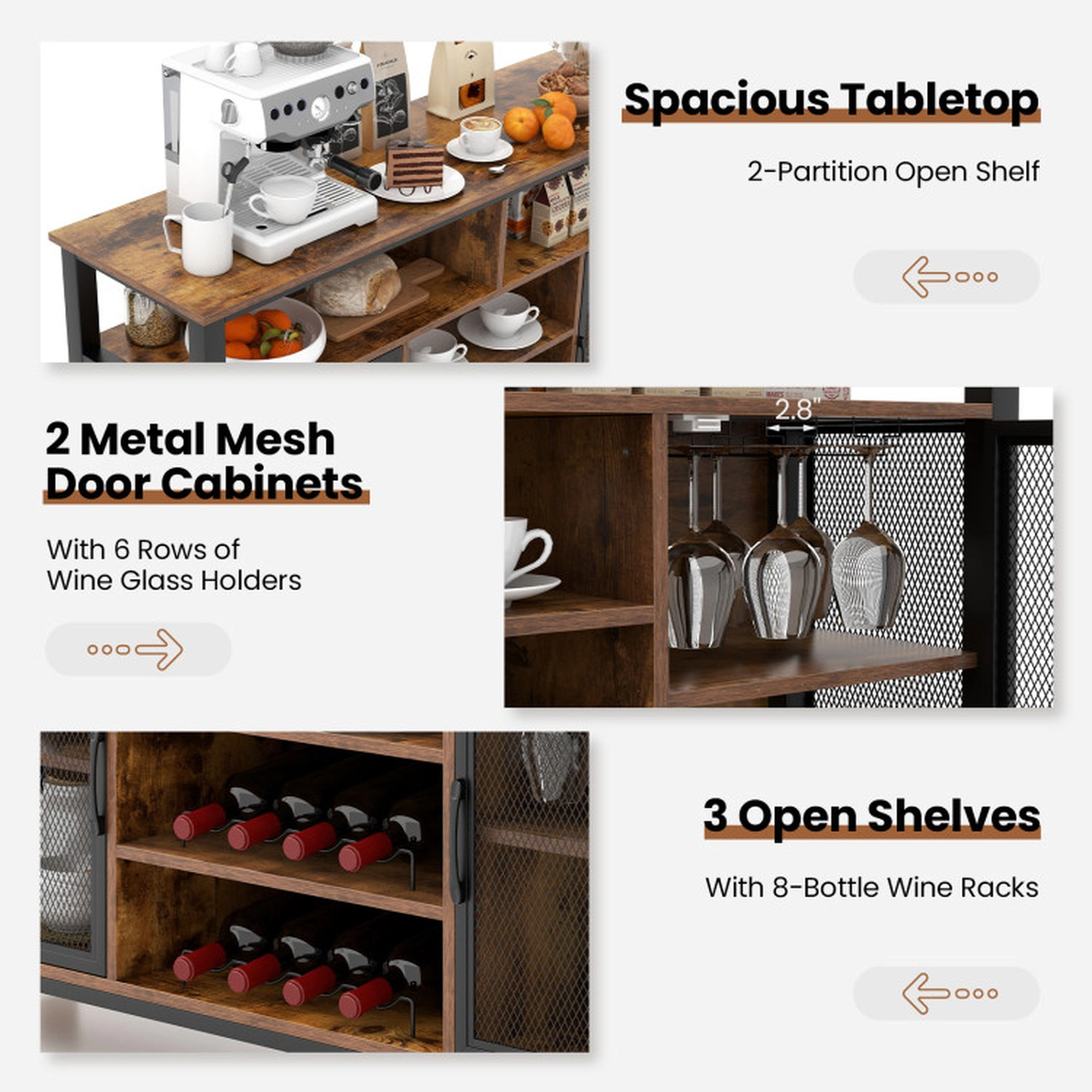 SUGIFT 55-In Buffet Sideboard with 8-Bottle Wine Racks and Wine Glass Holders 360-lb Tabletop Capacity Brown and Black