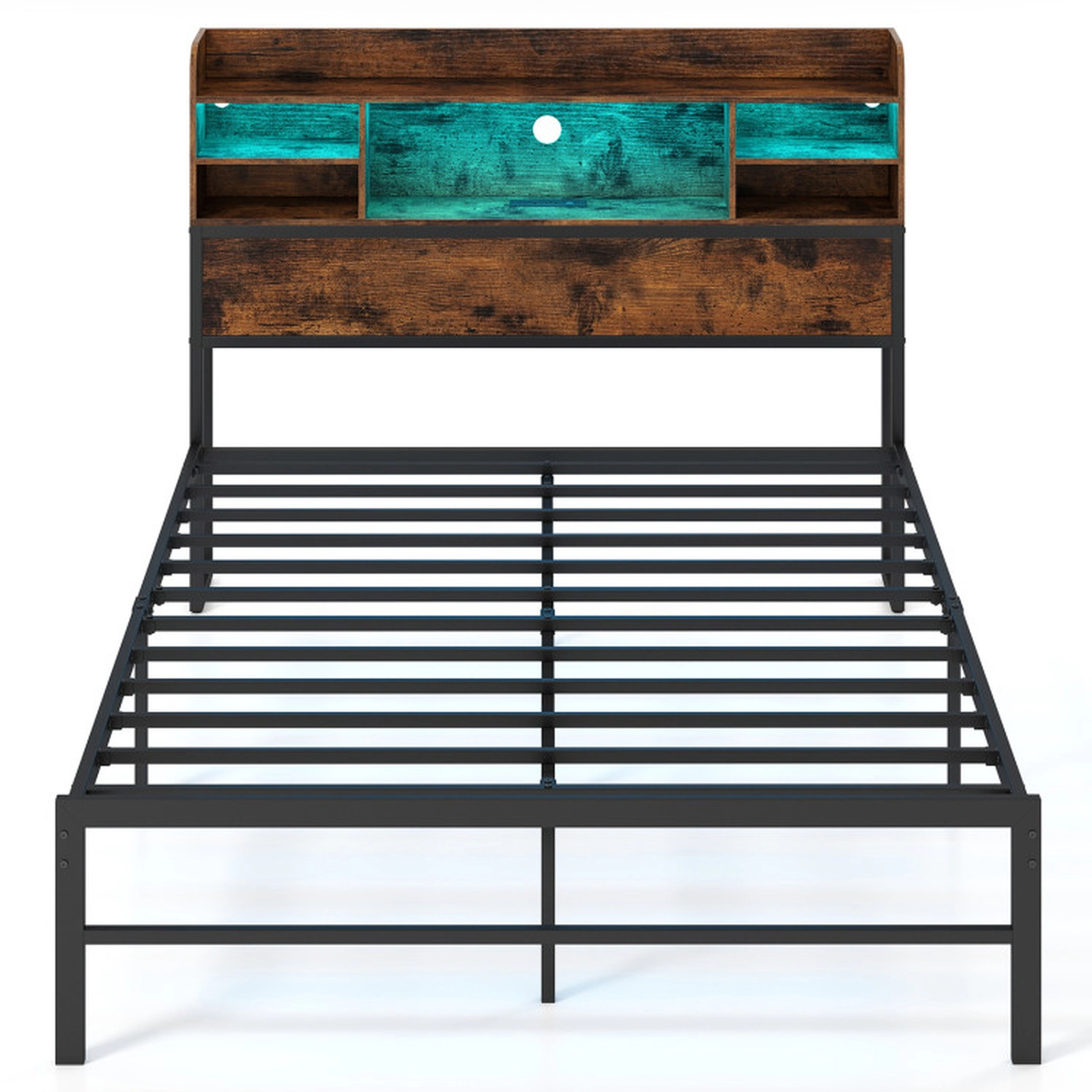 SUGIFT Full Size Bed Frame with Storage Headboard RGB LED Lights & Charging Station 660-lb Capacity Rustic Brown & Black