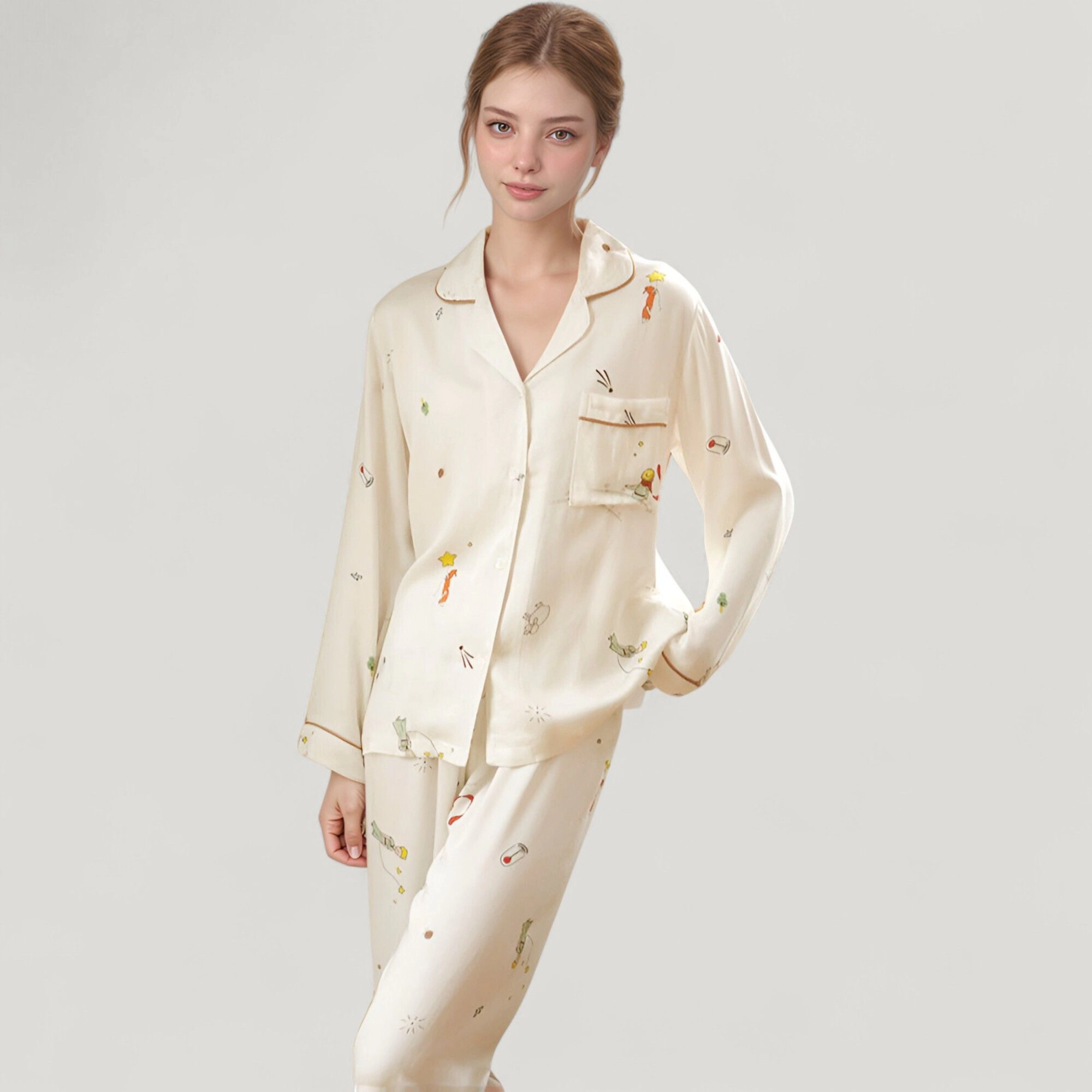 Anna-Kaci Women's Button Down Two-Piece Pajama Set with Allover Whimsical Print and Chest Pocket