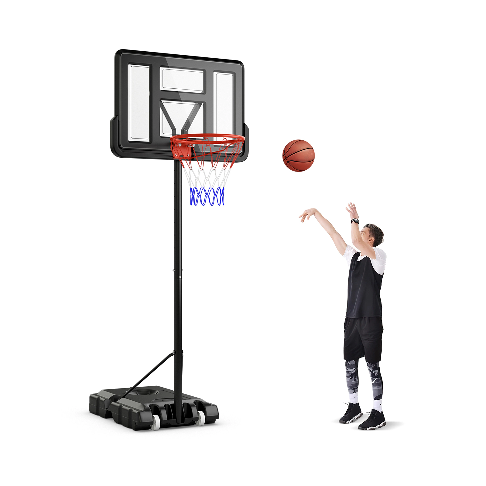 SUGIFT Black Portable Basketball Hoop with 44-in Shatterproof Backboard and 2 Wheels 4.4-ft to 10-ft H 18-in Rim