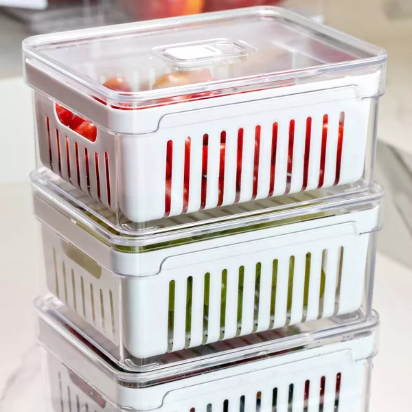 OU Fridge Organizer Bin w/ Drain Basket & Vented Lid, Clear Stackable Refrigerator Storage Container, BPA Free, 4 Pack