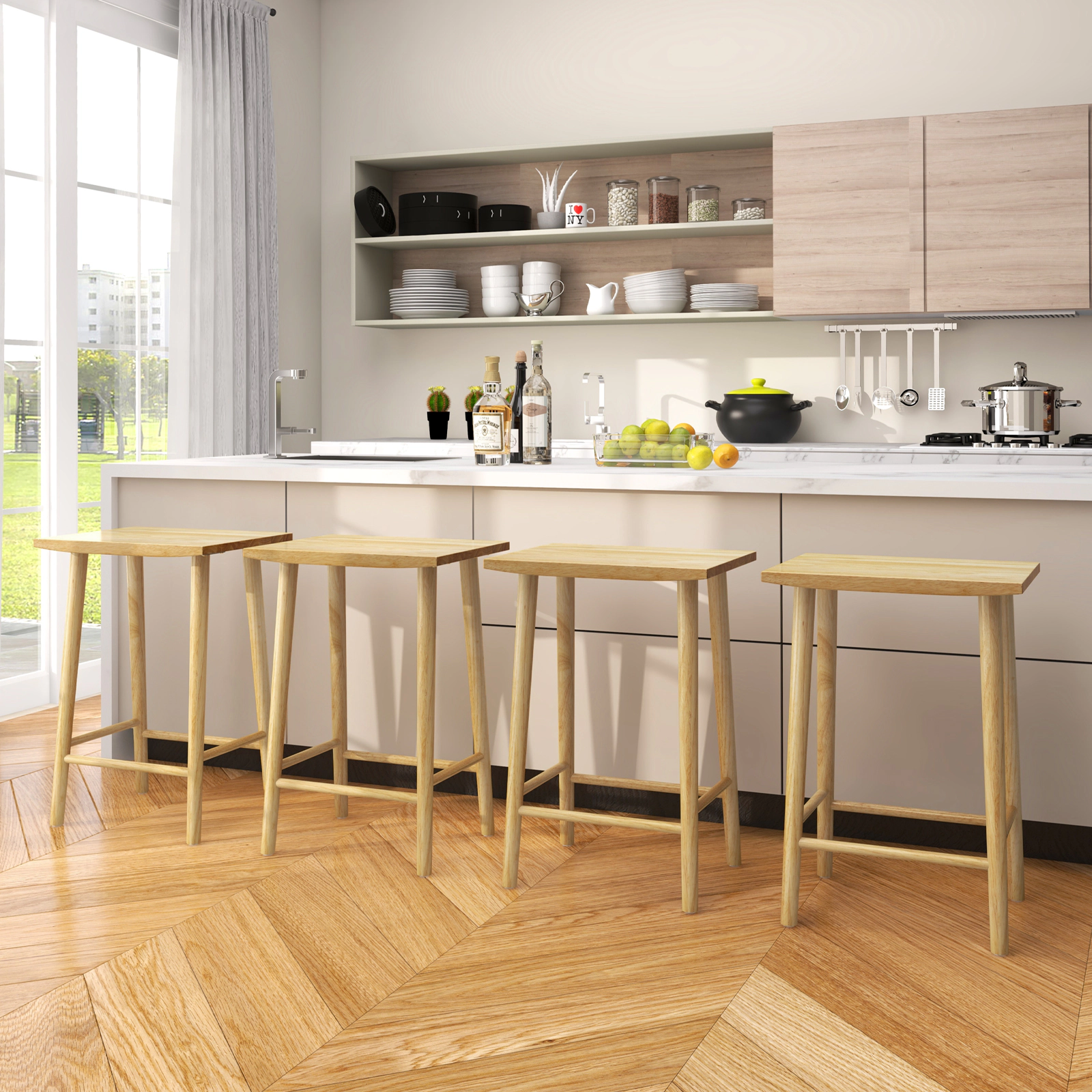 SUGIFT Solid Rubber Wood Counter Height Bar Stools Set of 2 with Footrest 350-lb Capacity Natural