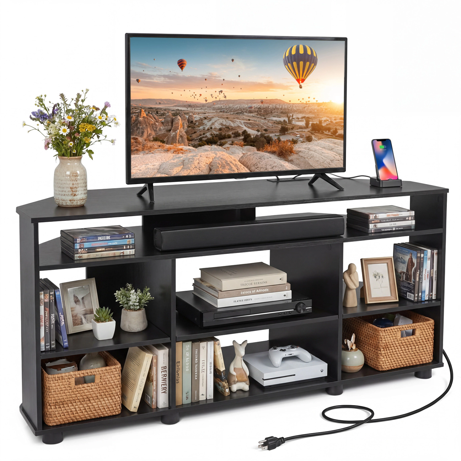 Glintex 46.5-Inch Corner TV Stand with Charging Station and Shelves