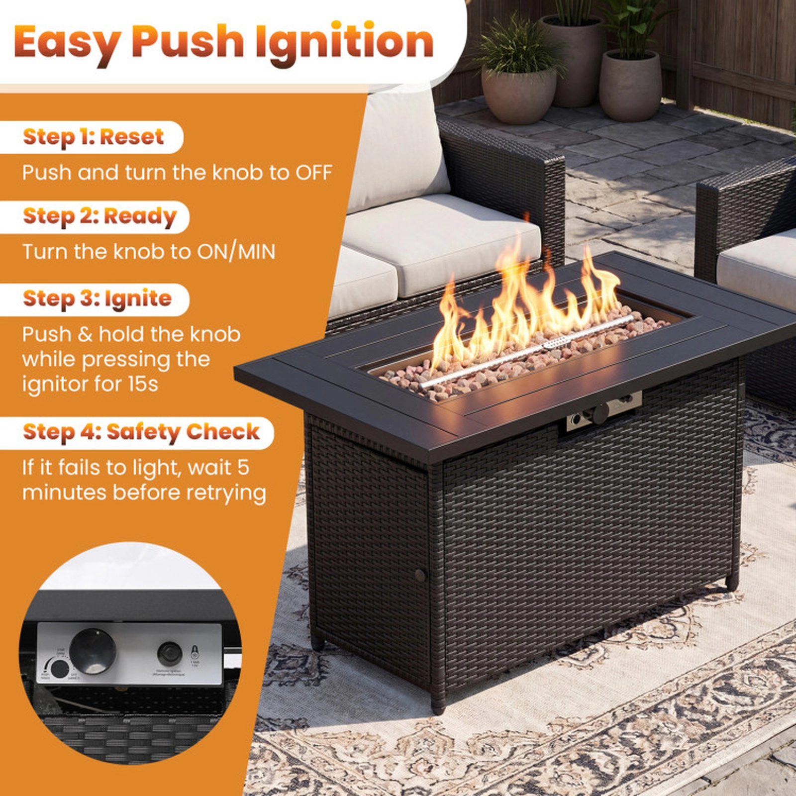 SUGIFT 44.5-in Propane Fire Pit Table, 50,000 BTU Stainless Steel Burner, Rattan Finish