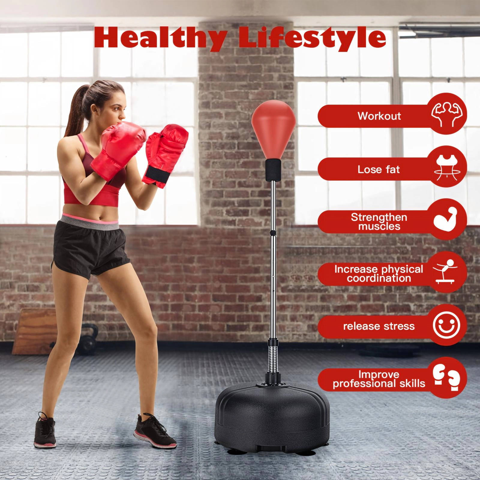 SUGIFT Adult Red 4-Level Adjustable Freestanding Punching Bag with Boxing Gloves 19-in Base Dia 55-in to 62-in H