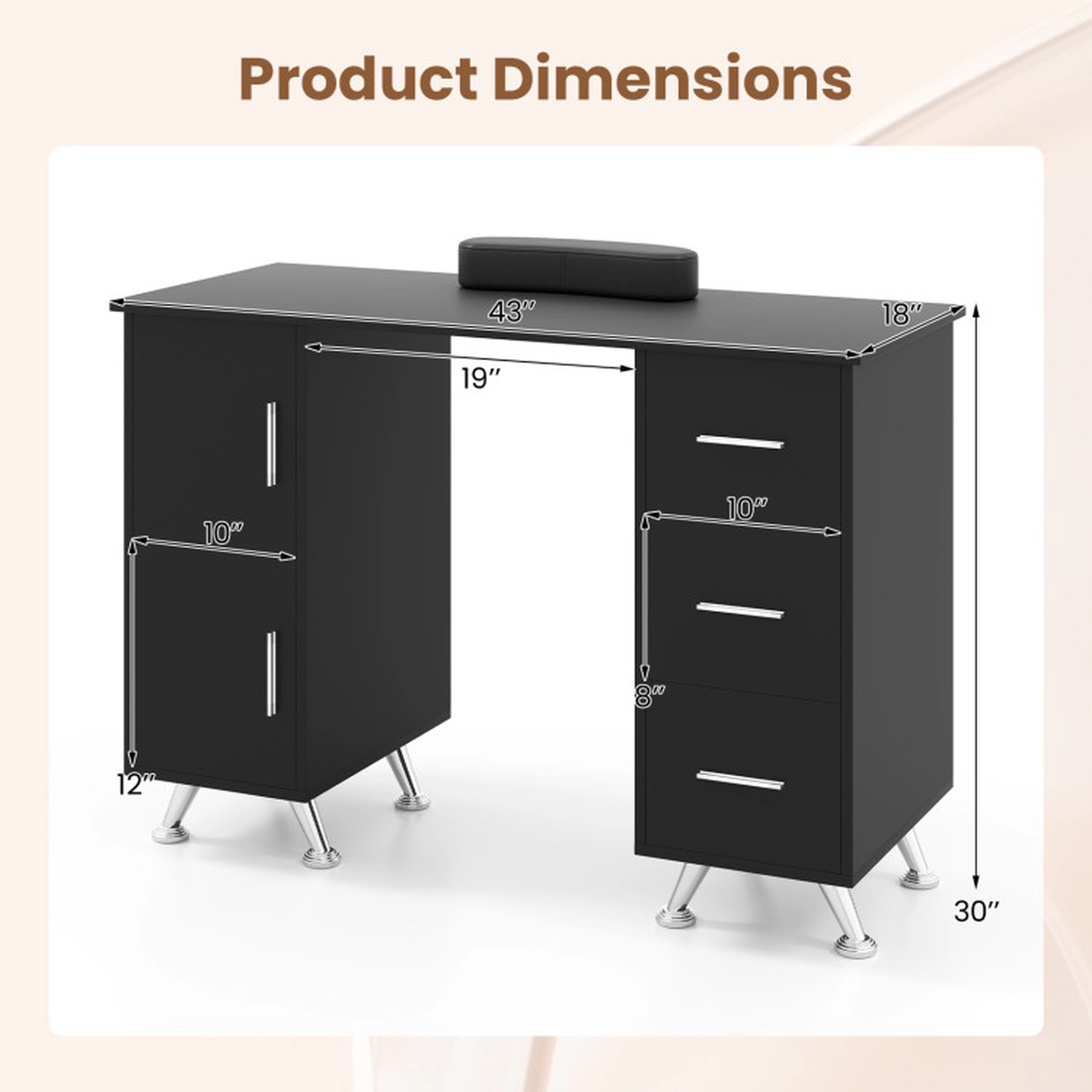SUGIFT 3 Drawers 2 Cabinets Acetone Resistant Wrist Rest Manicure Nail Desk 43-in x 18-in x 30-in 88-lb Capacity Black