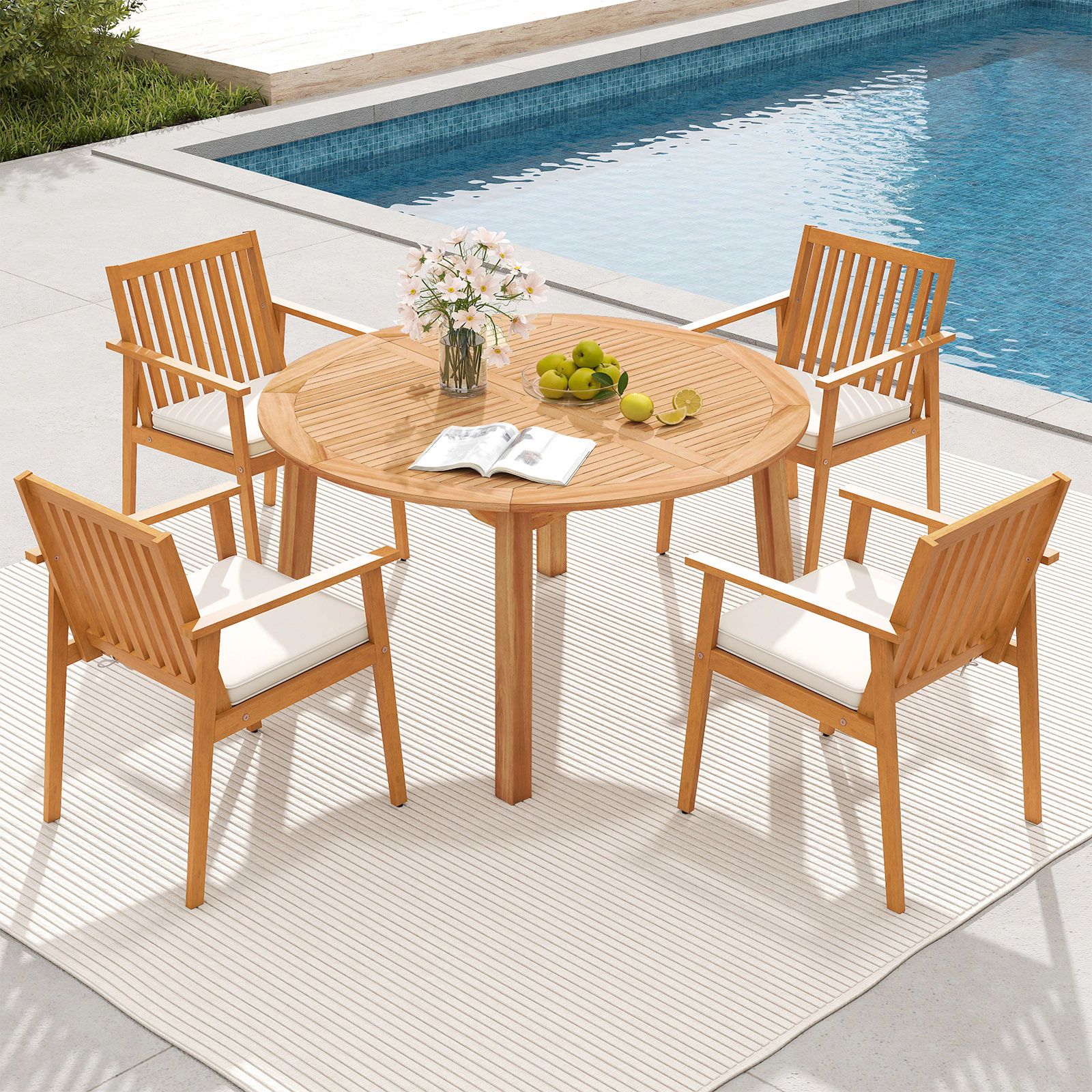 LJG 5 Pieces Acacia Wood Patio Dining Set with Umbrella Hole
