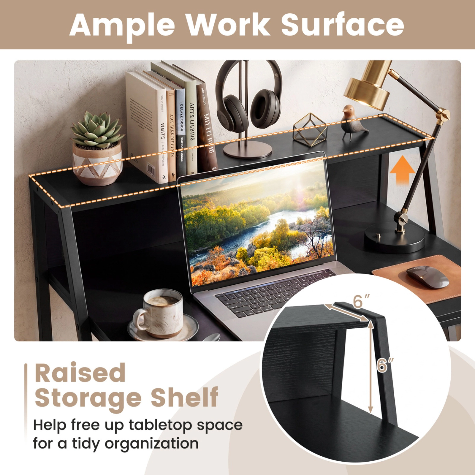 SUGIFT 31.5-in Industrial Writing Desk with Raised Shelf Metal Frame 220-Lb Capacity Rustic Brown/Black Small Desk