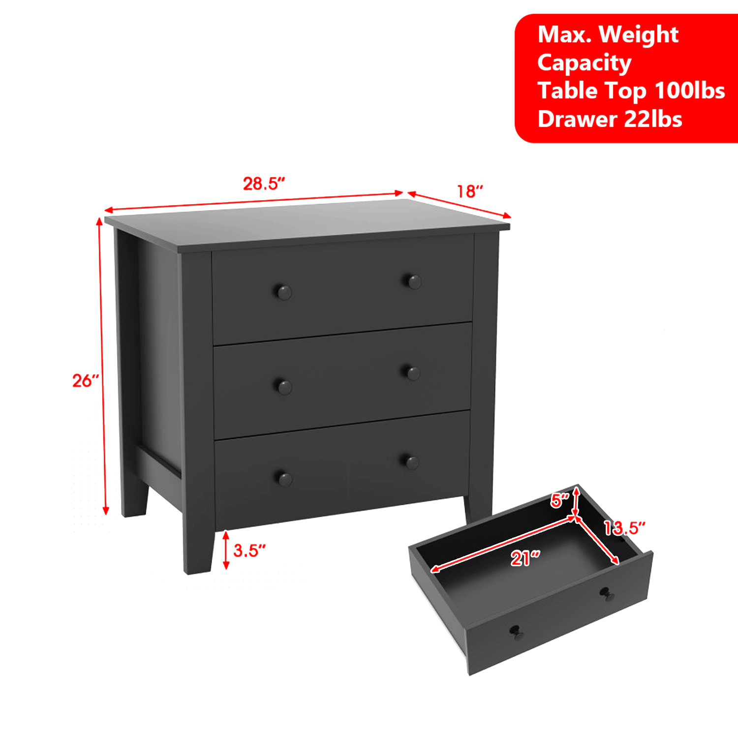 Hivvago Multi-Functional 3-Drawer Chest for Bedroom Use