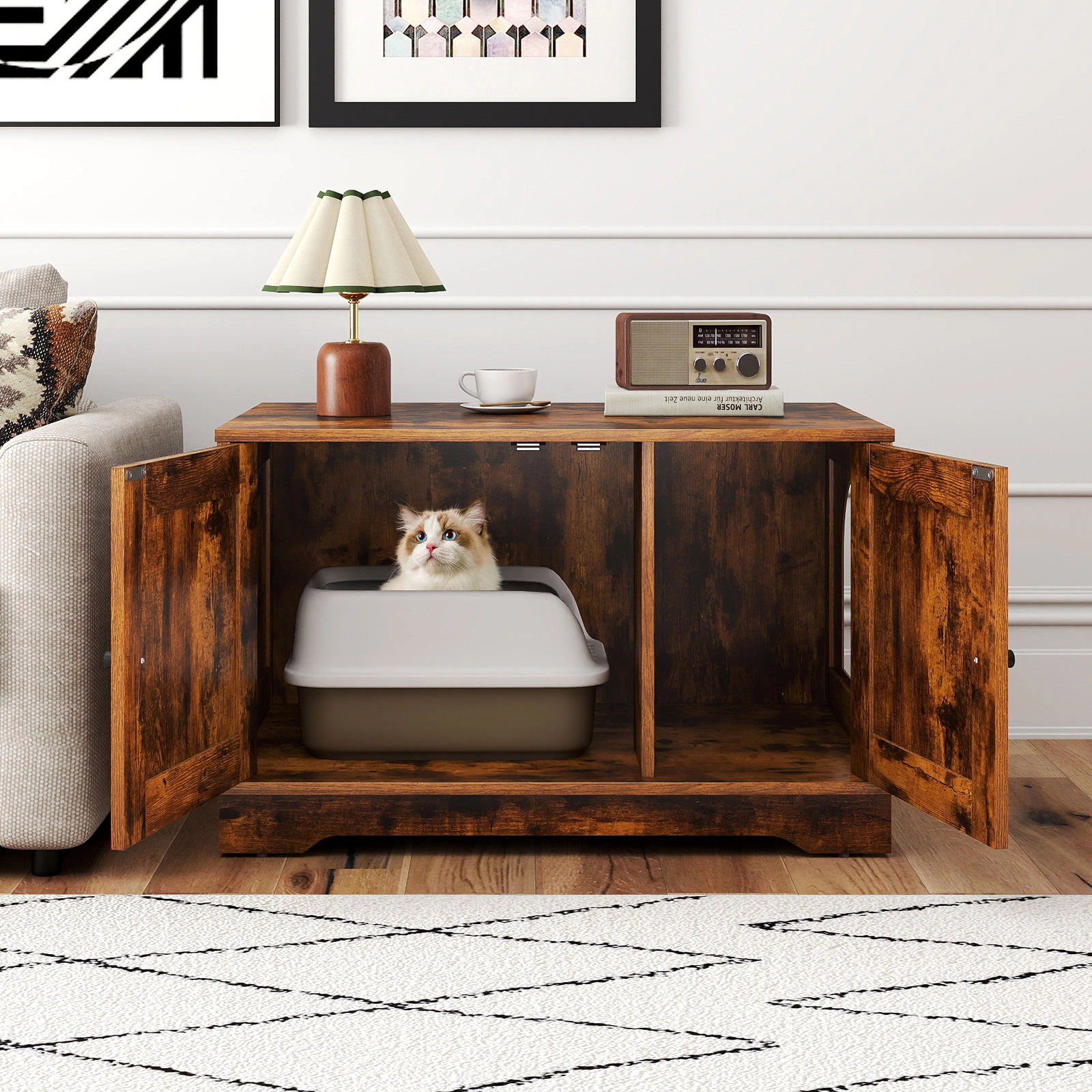 SUGIFT Cat Litter Box Enclosure Furniture Wooden Cat House Side Table 110-lb Tabletop Capacity 88-lb Interior Capacity