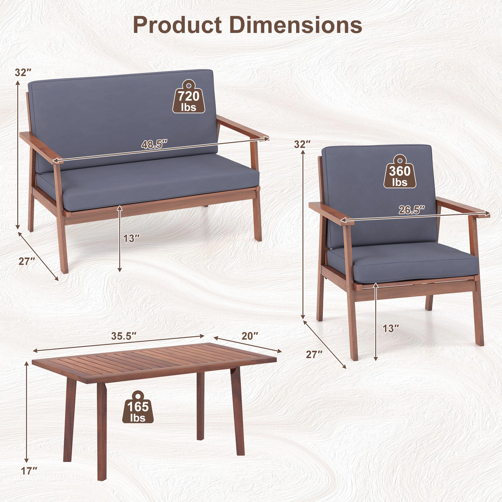 LJG 4 Piece Outdoor Acacia Wood Conversation Set with Soft Seat and Back Cushions