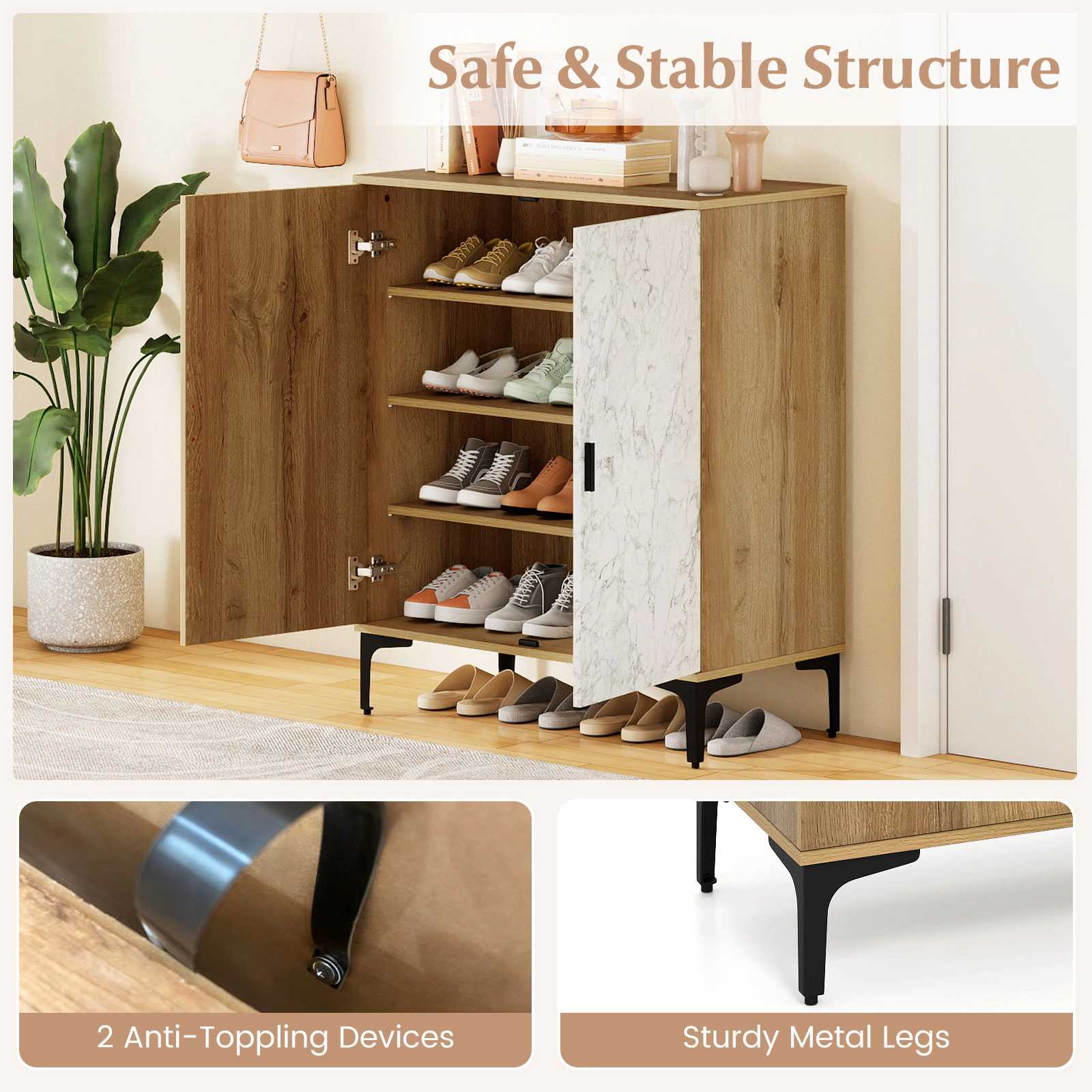 SUGIFT 4 Tier Farmhouse Shoe Storage Cabinet with Removable Shelves and Metal Legs 180-lb Capacity Walnut + White