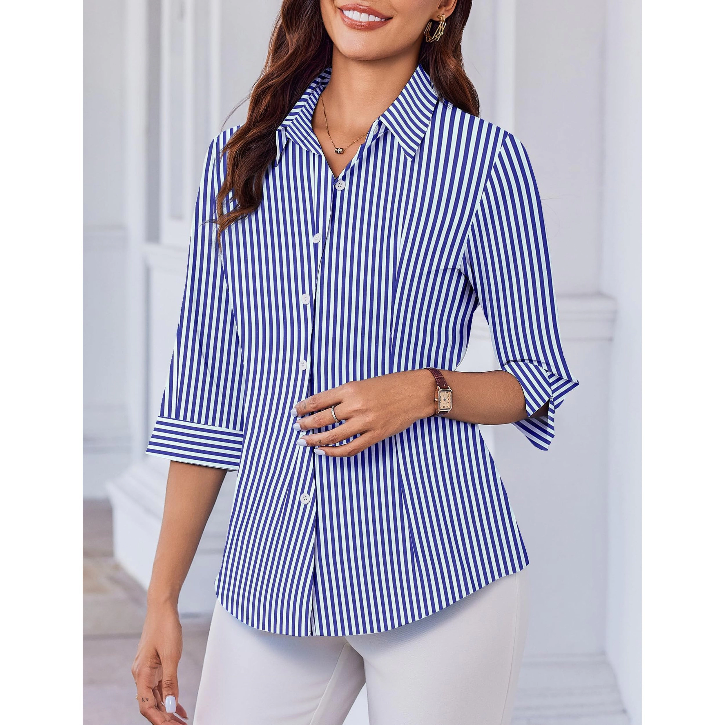 Zeagoo Women Button Up Shirts 3/4 Sleeve Business Shirt Slim V Neck Work Blouse