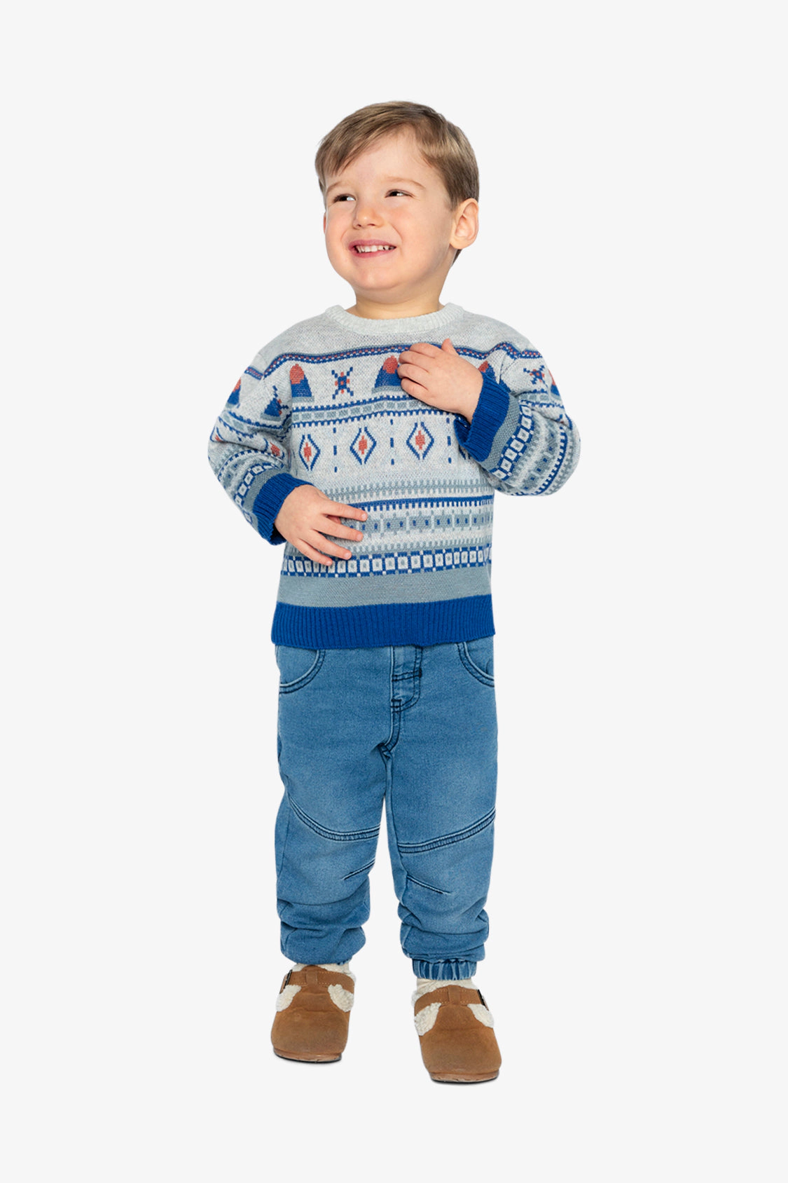 Deux par Deux Boys Fair Isle Jacquard Knit Crewneck Sweater