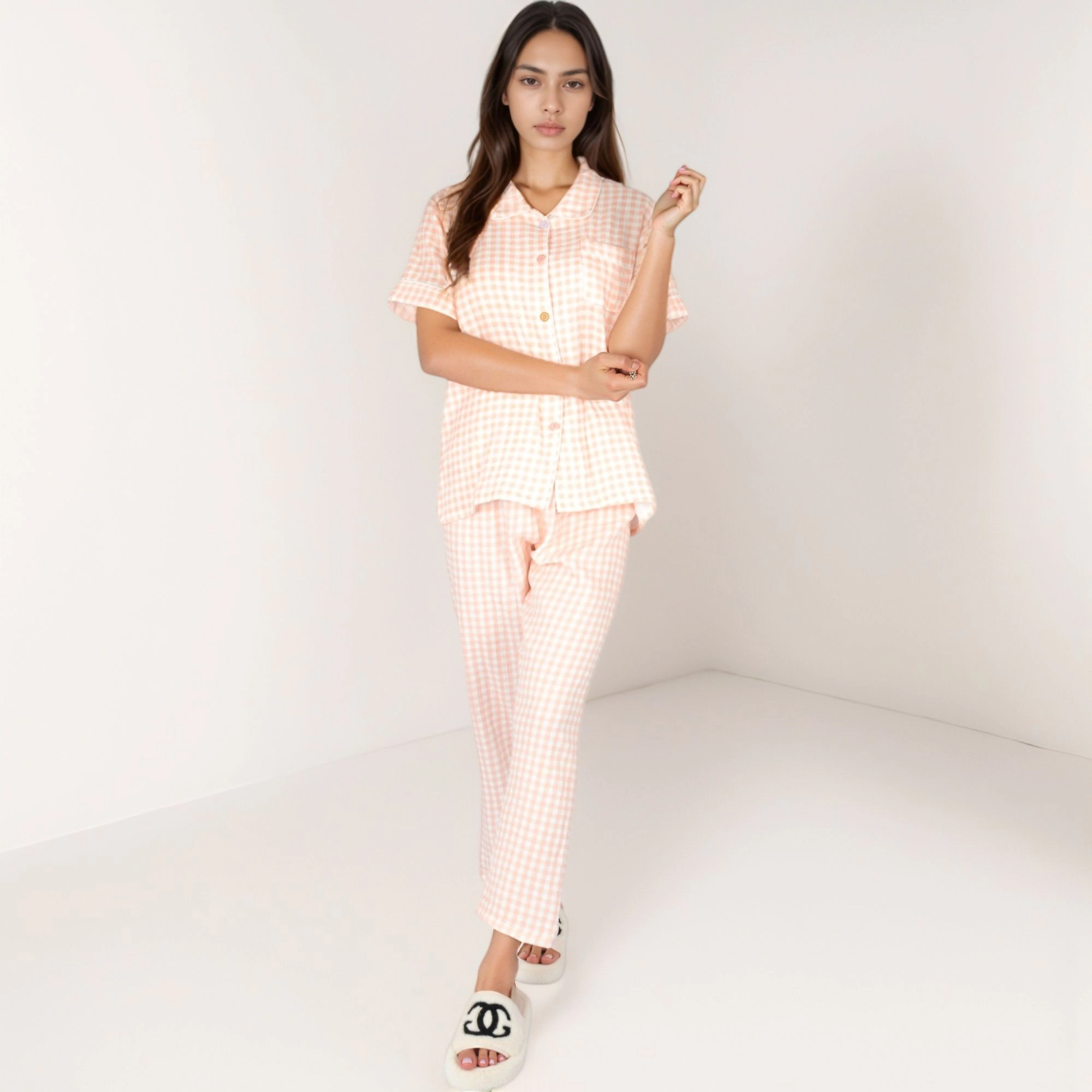 Anna-Kaci Women's Gingham Print Two-Piece Pajama Set with Short Sleeve Button Top and Relaxed Fit Pants