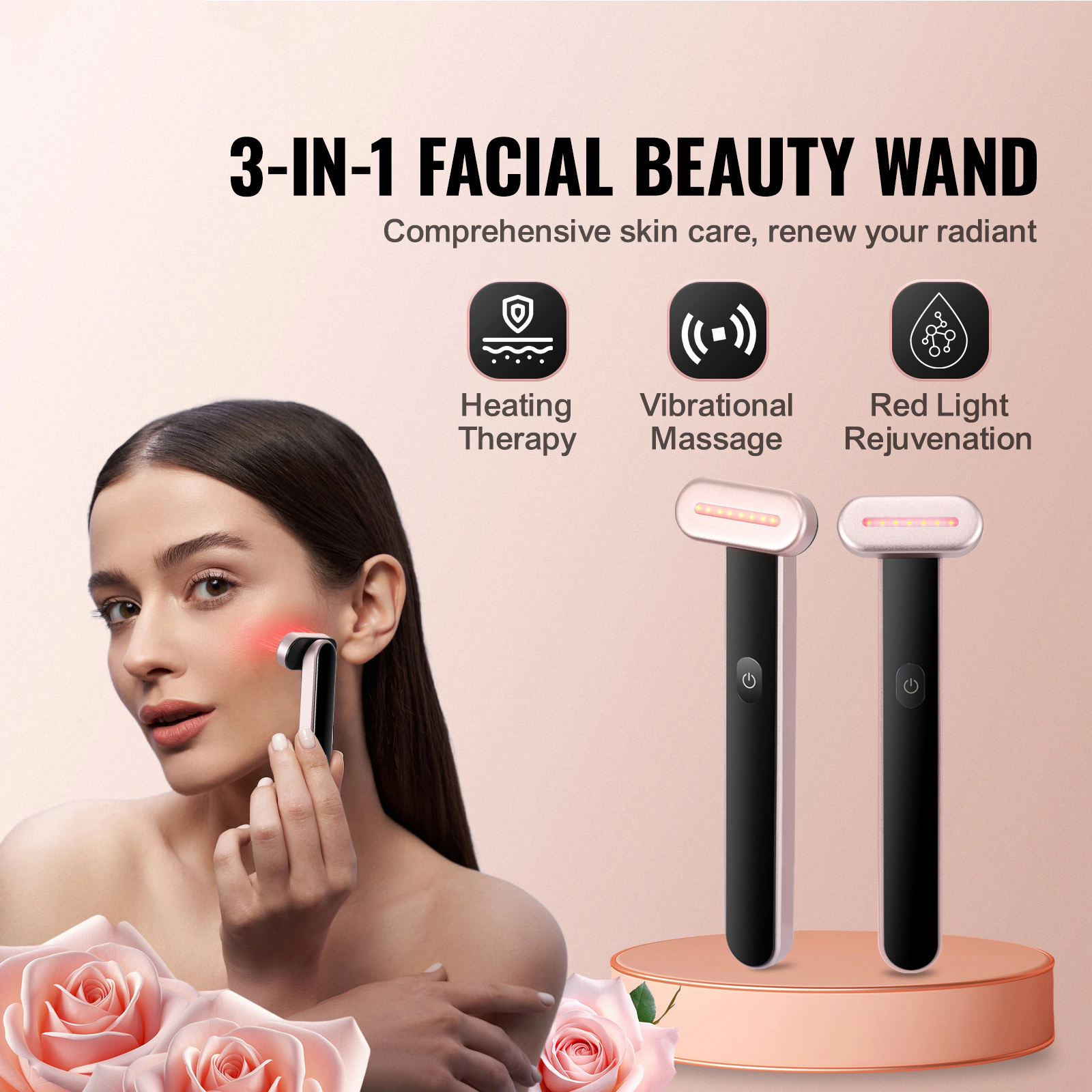 HONGGE Red Light Therapy Wand for Face, Neck, LED Facial Wand Red Light Therapy Device, Vibrating Massage