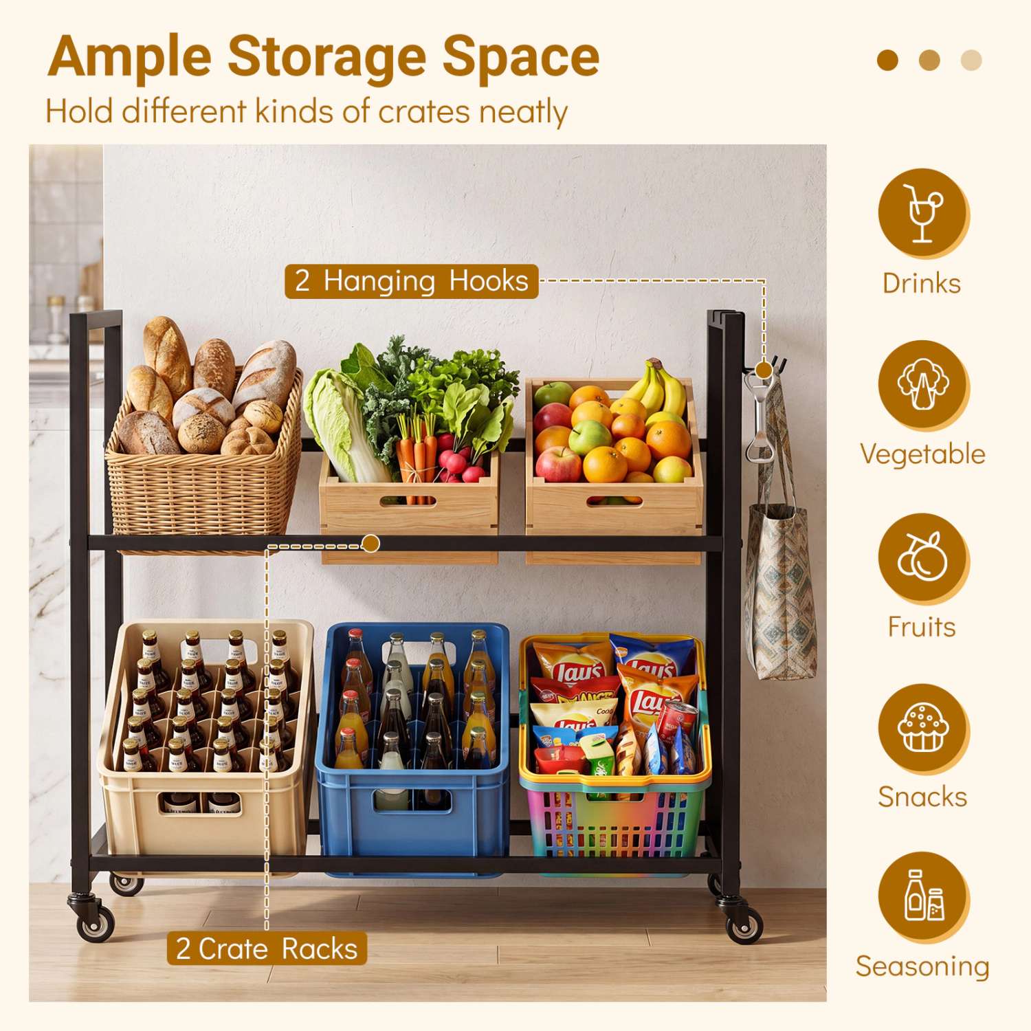 LJG 2-Tier Drink Crate Rack with 4 Universal Wheels for Beer and Water Kitchen and Bar