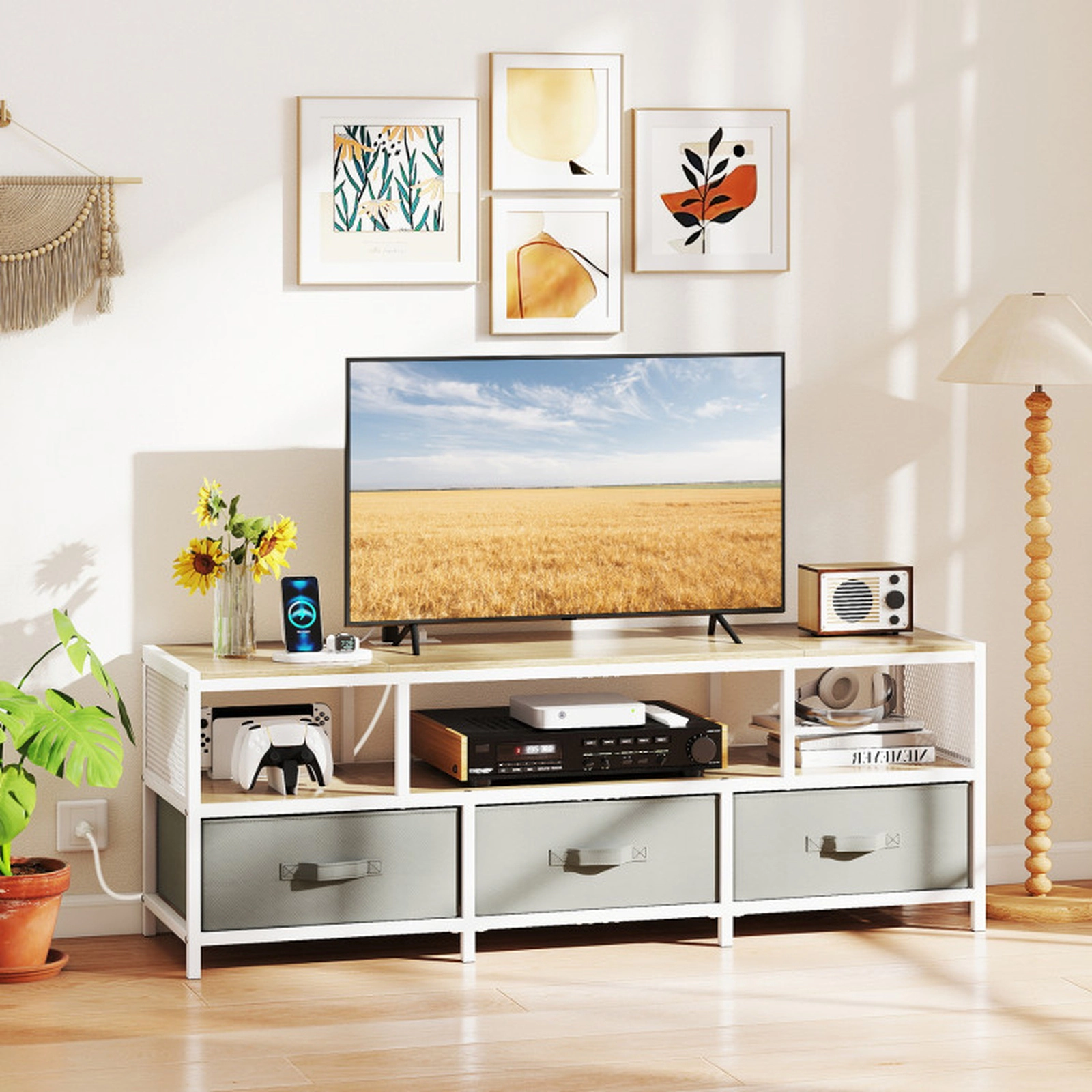 SUGIFT 55 in TV Stand Natural with Power Outlets USB Charging and Fabric Drawers