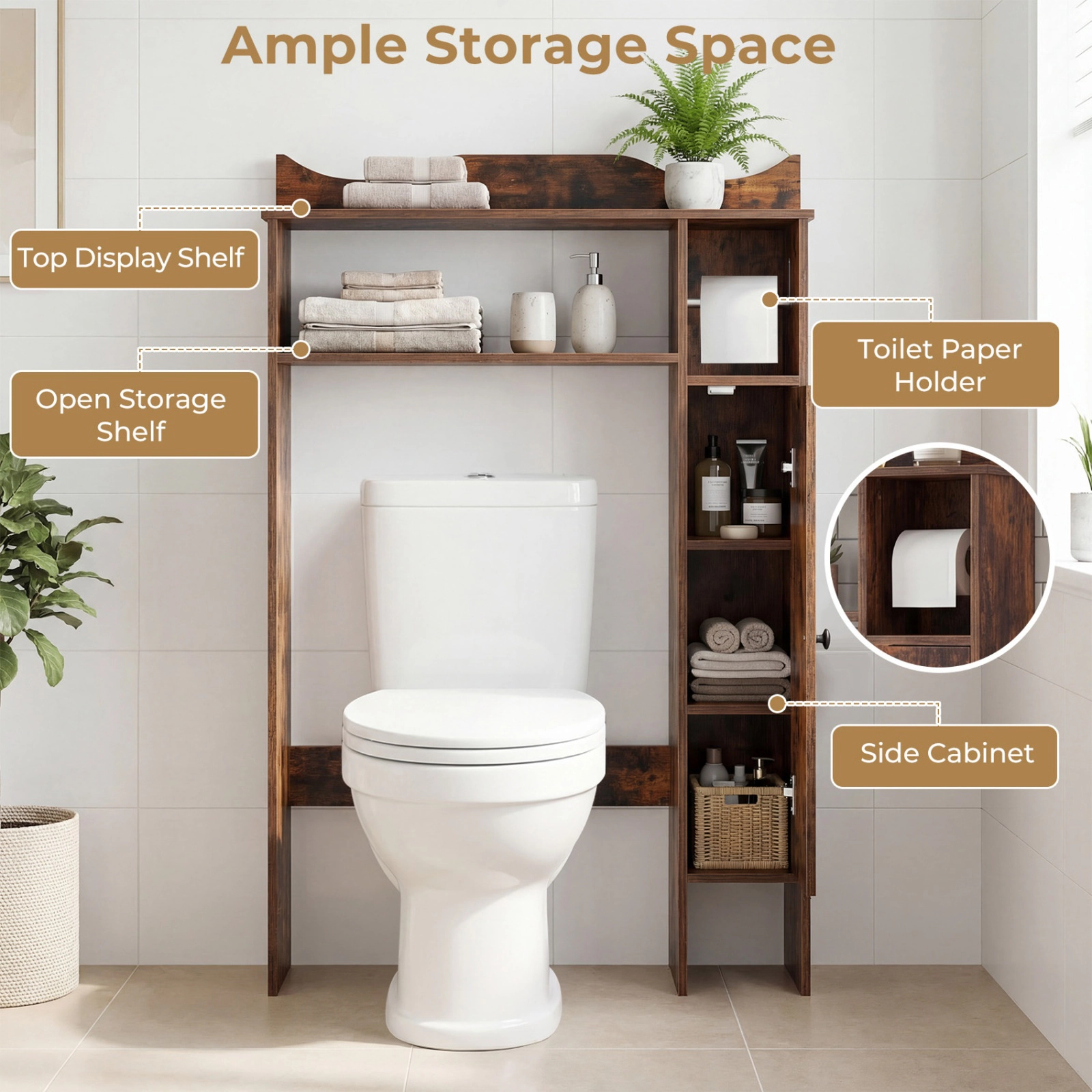 SUGIFT Over the Toilet Storage Cabinet Rustic Brown with Toilet Paper Holder