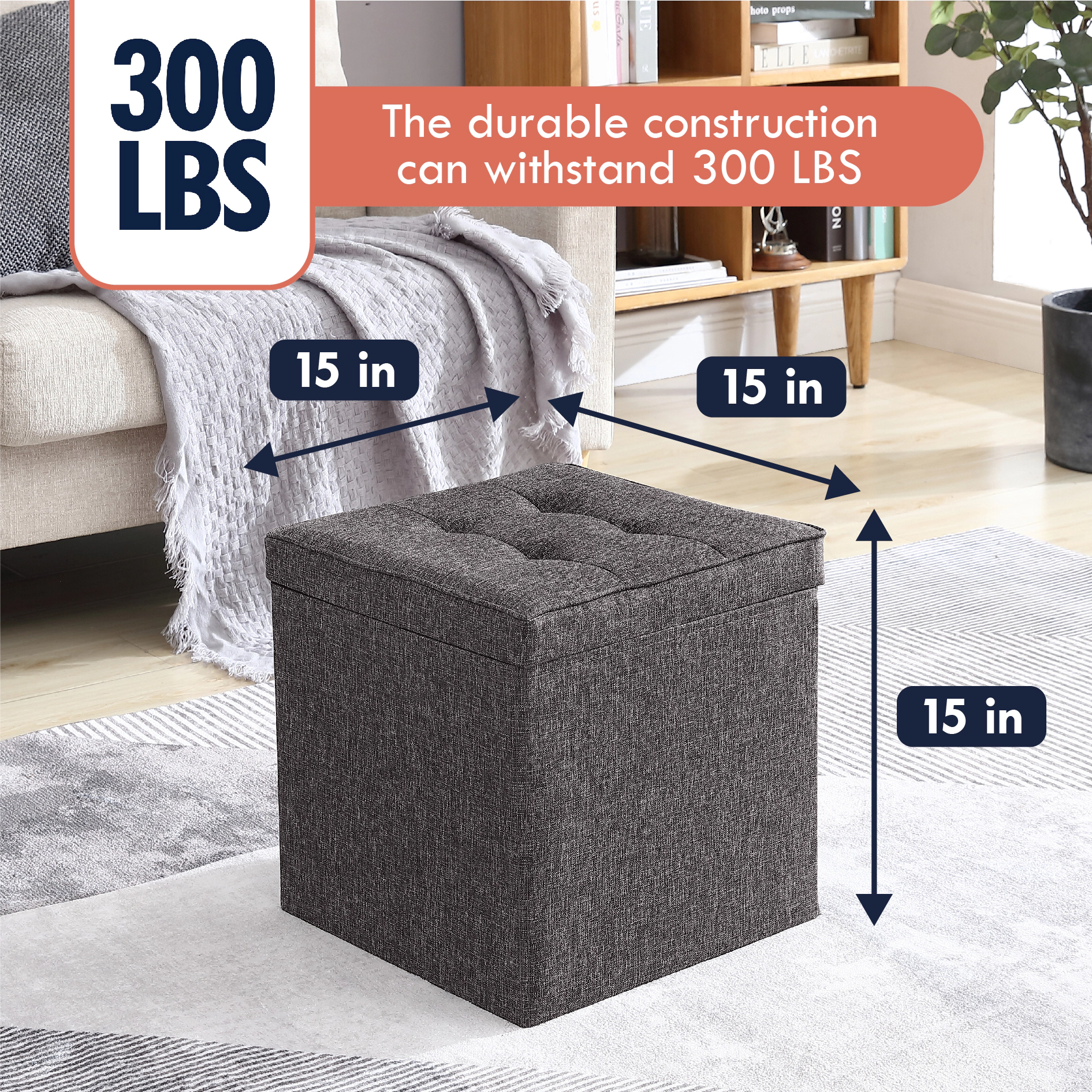 Ornavo Home Collapsible Tufted Linen Square Coffee Table Storage Ottoman