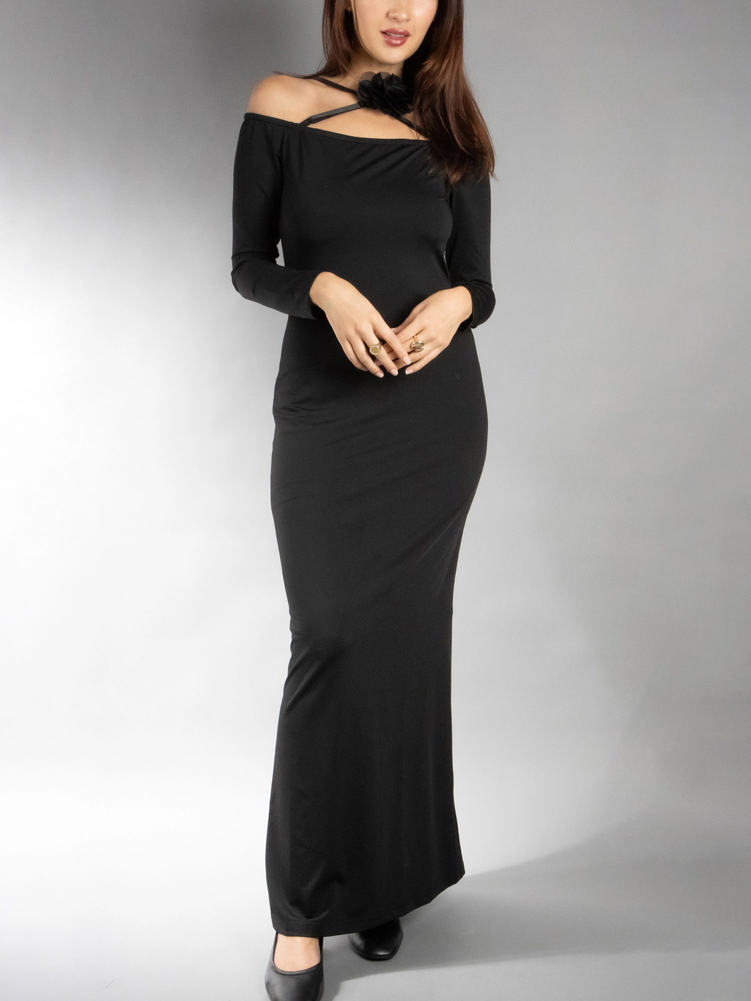 JESS by Meiko Women's Flower Embellishment Bodycon Off Shoulder Maxi Dress