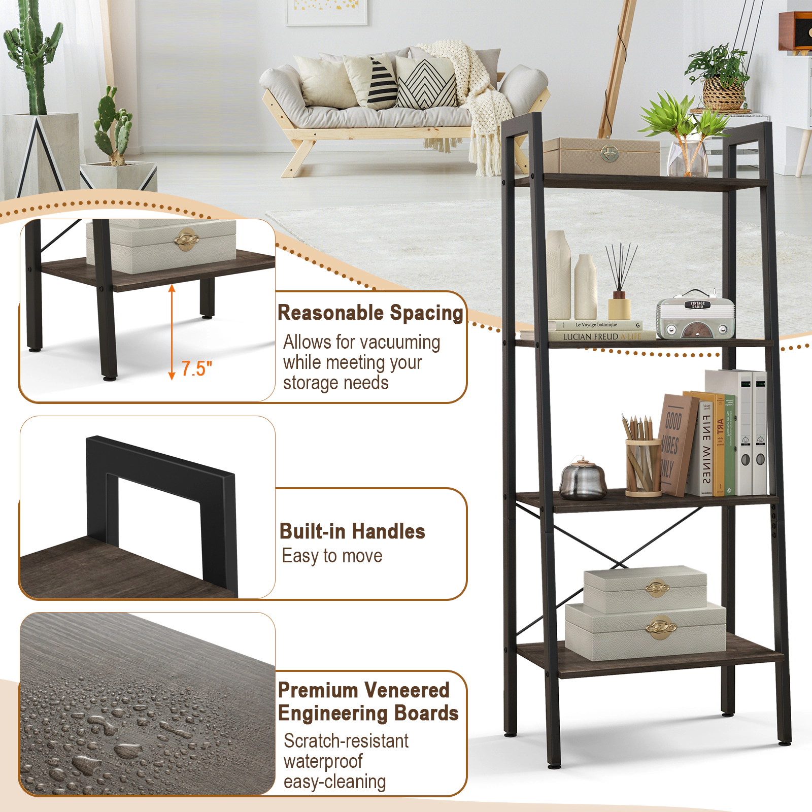 SUGIFT 4-Tier 200-lb Capacity 54.5-in Oak Industrial Bookshelf with Metal Frame and Adjustable Foot Pads