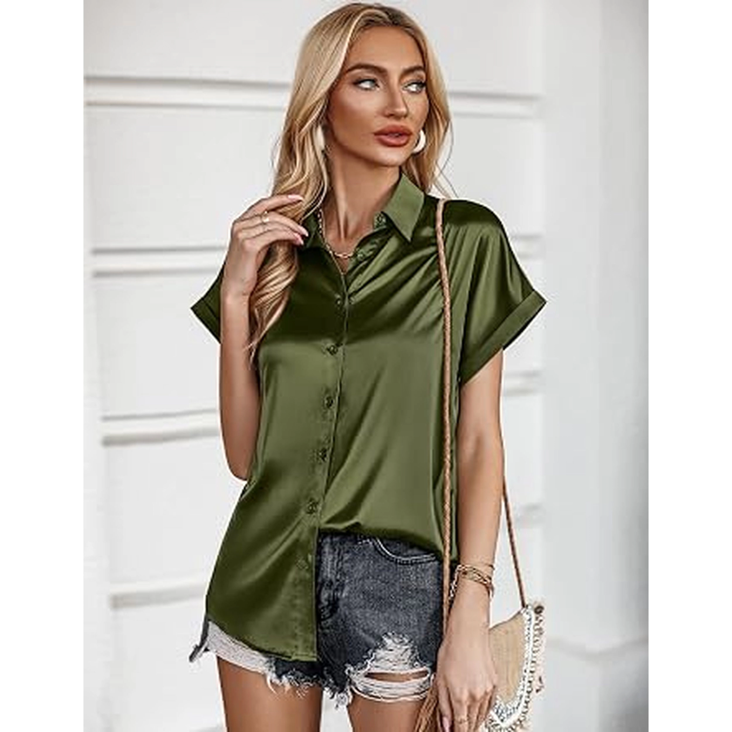 Zeagoo Silk Blouse for Women Short Sleeve Satin Button Up Shirts V Neck Tunic Tshirts