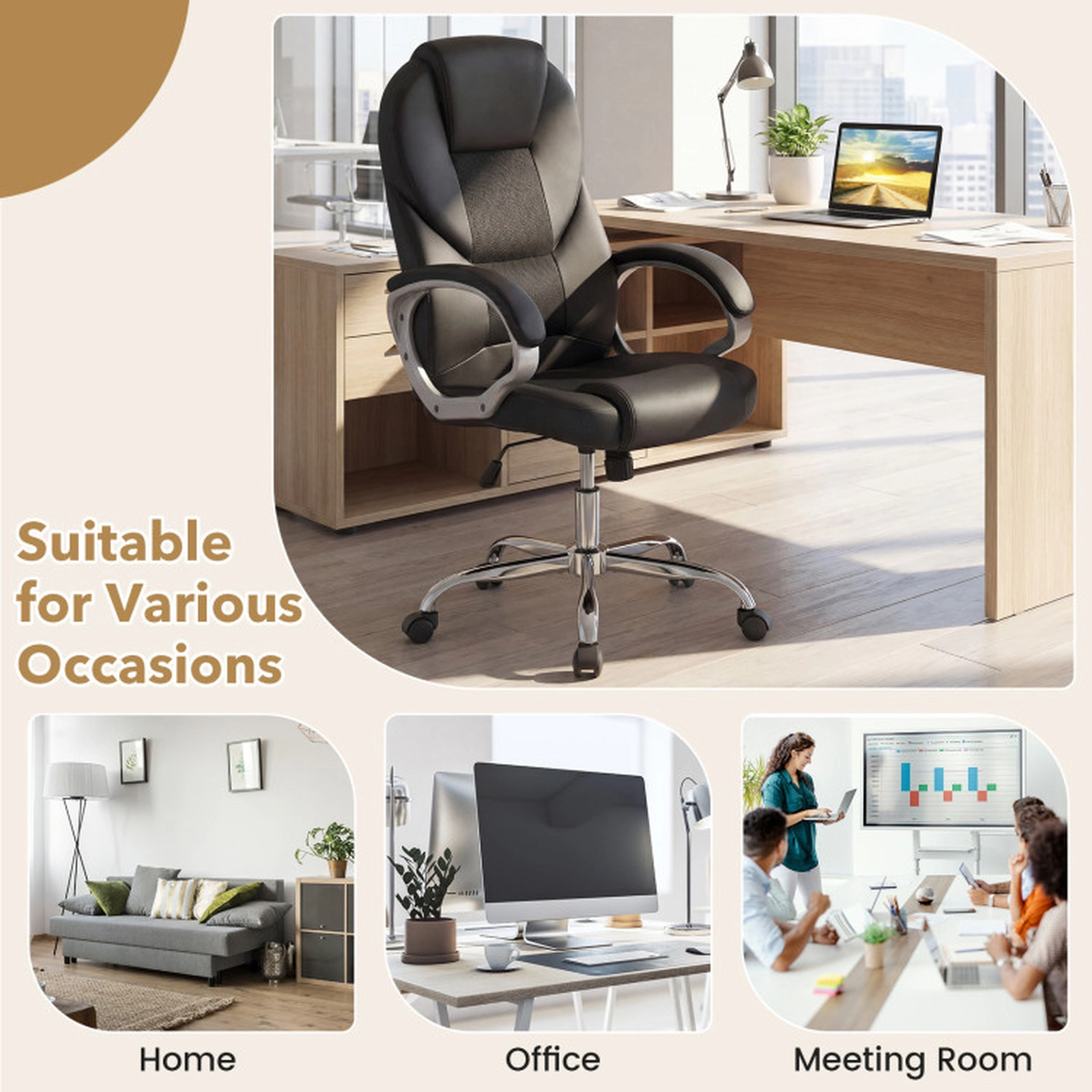 SUGIFT 300-lb Capacity Black PU Leather and Mesh Ergonomic Executive Desk Chair with Rocking Backrest