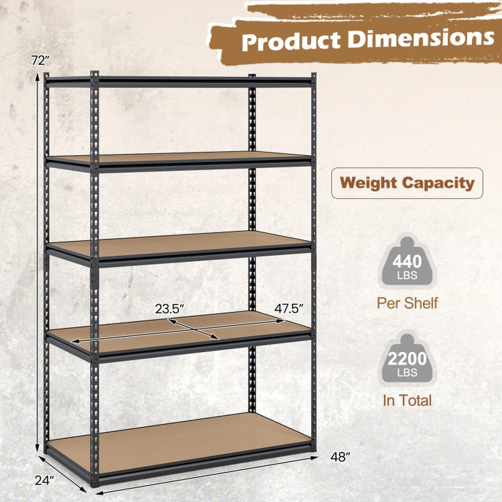 SUGIFT Set of 2 5-Tier 2200-lb Capacity Adjustable Heavy Duty Metal Storage Shelves Shelving Unit
