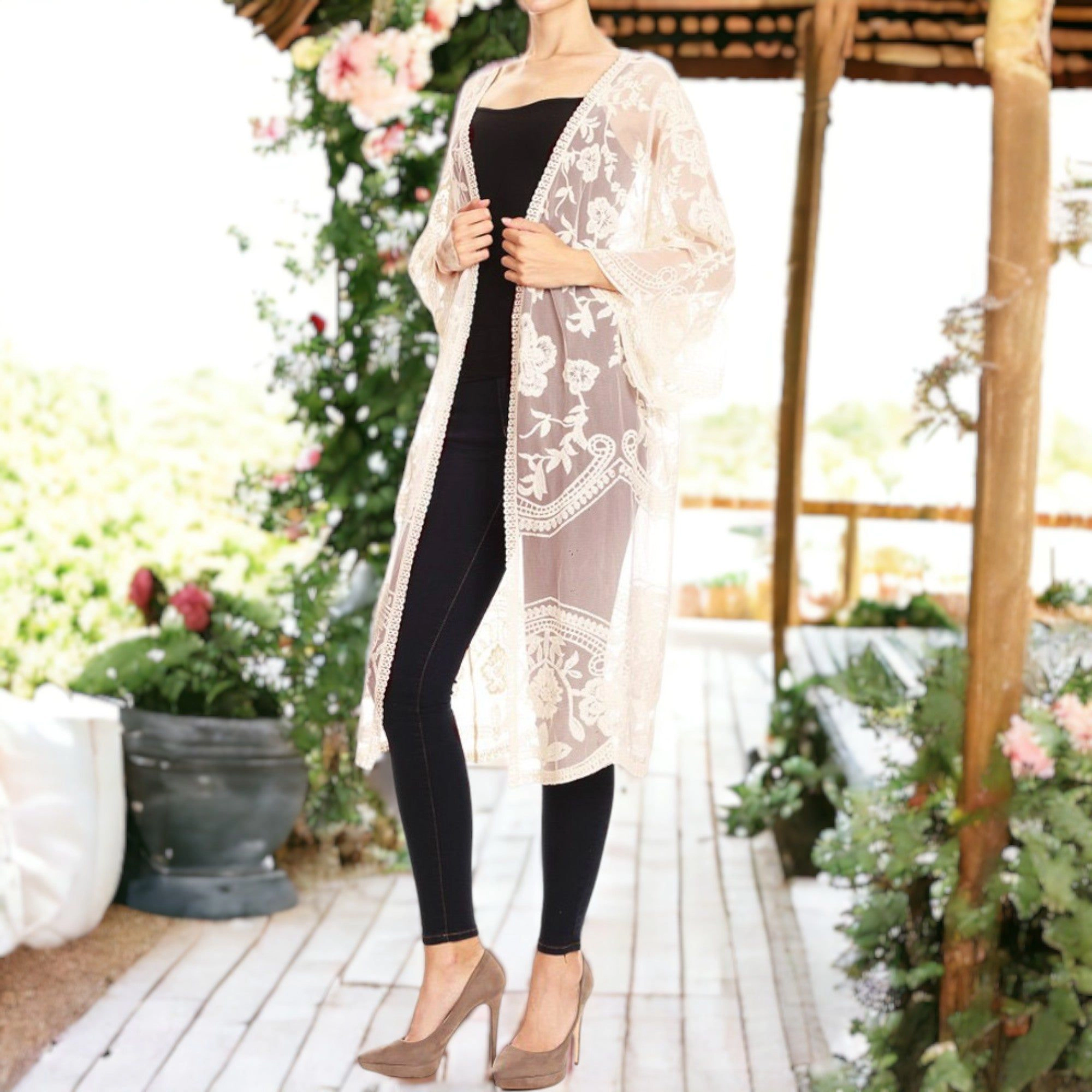 Anna-Kaci Women's Embroidered Floral Butterfly Crochet Drop Shoulder Cardigan