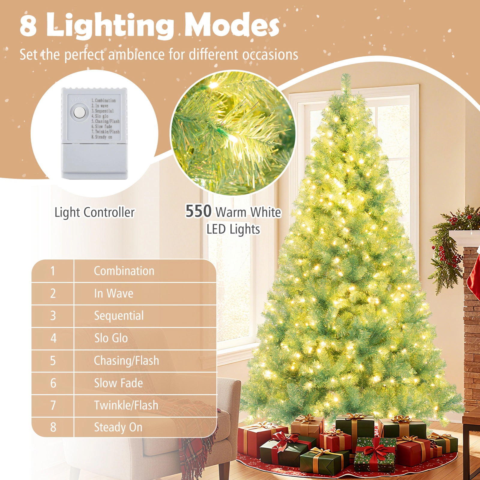 SUGIFT Fruit Green Pre-Lit Tinsel Christmas Tree with 550 LED Lights 8 Modes and Reflective Foliage