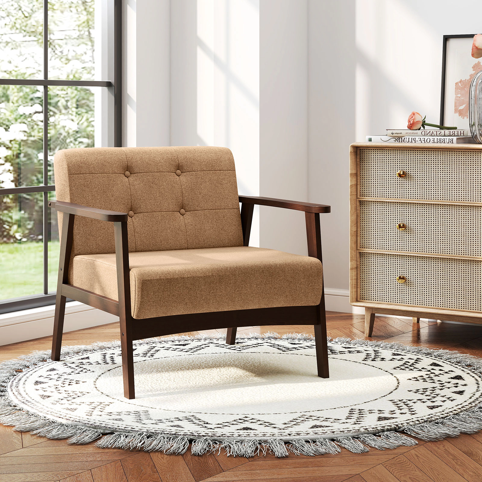 SUGIFT Rubber Wood Frame Accent Chair with Armrest 23-in Seat Depth 330-lb Capacity 1-Piece Beige
