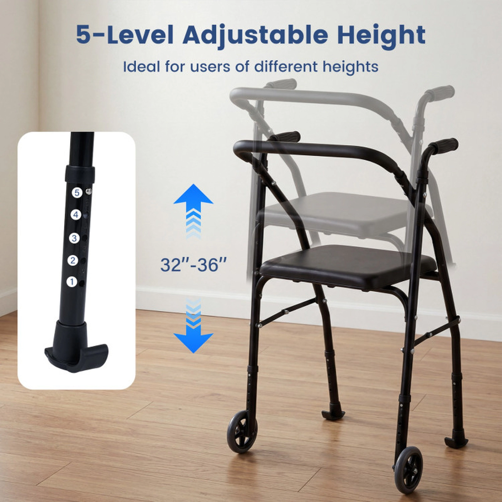 SUGIFT Black Folding Walker with Padded Seat 2 Wheels and 5-Level Handles 24-in W 21-in D 220-lb Seat Capacity