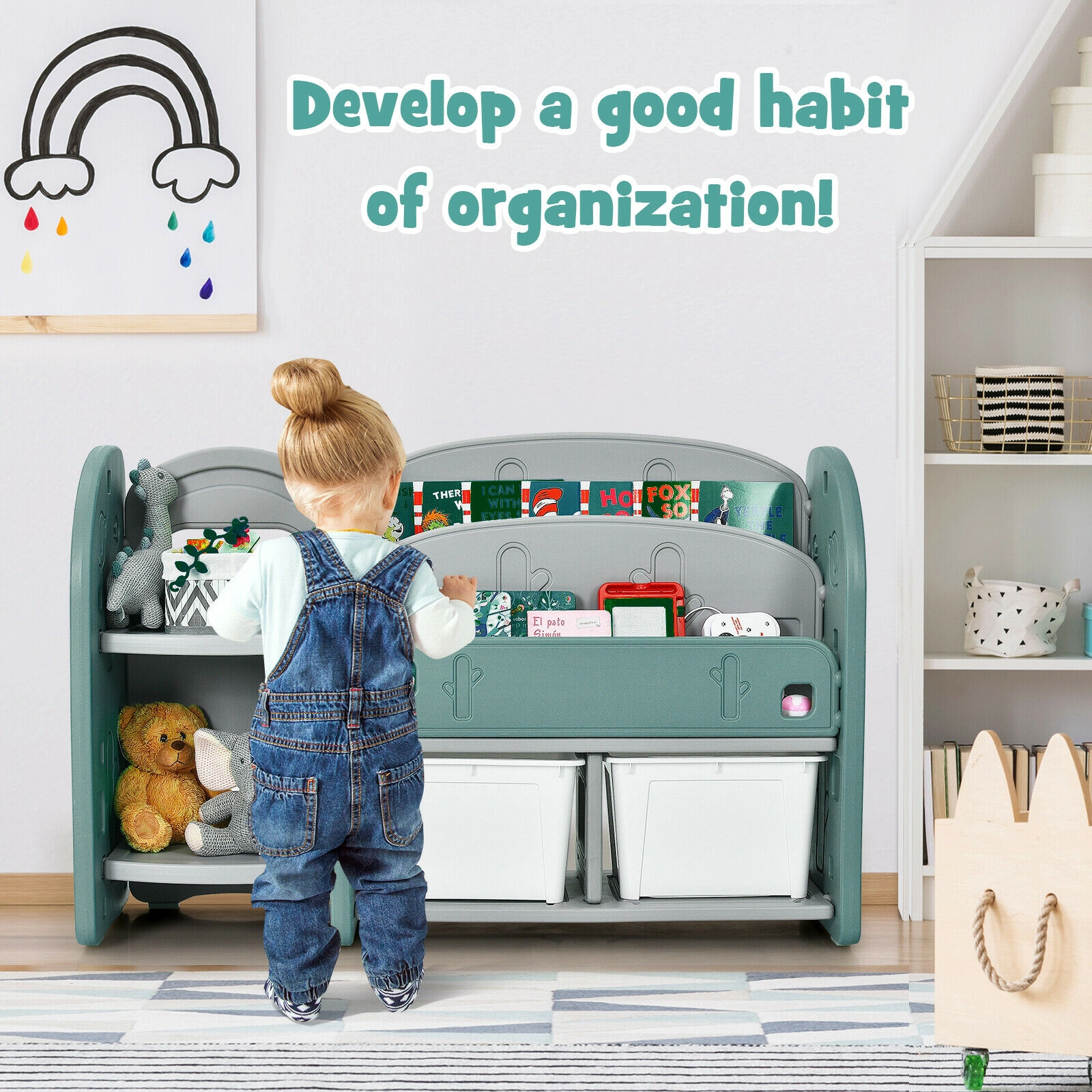 SUGIFT Kids 2-Tier 2 Open Shelves 2 Detachable Bins HDPE Toy Storage Bookshelf 46.5-in x 14-in x 30-in Ages 3+ Green