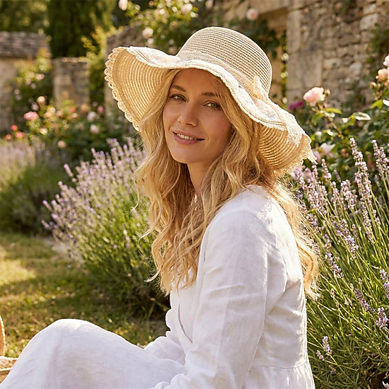 Anna-Kaci Women's Wide Brim Straw Sun Hat with Sheer Lace Overlay Bow Accent and Scalloped Edge