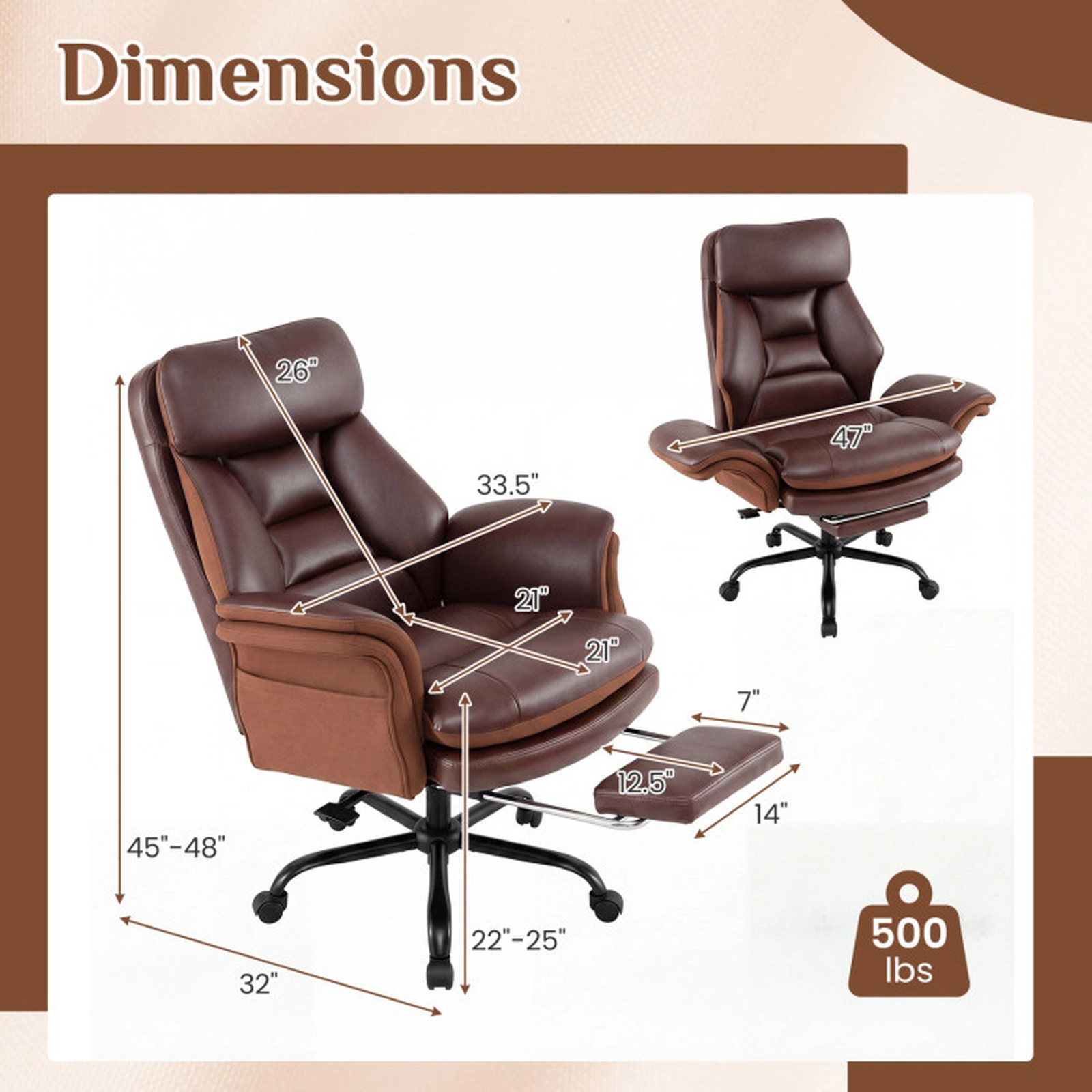 SUGIFT Brown Retractable Footrest and Faux Leather Ergonomic Big and Tall Office Chair