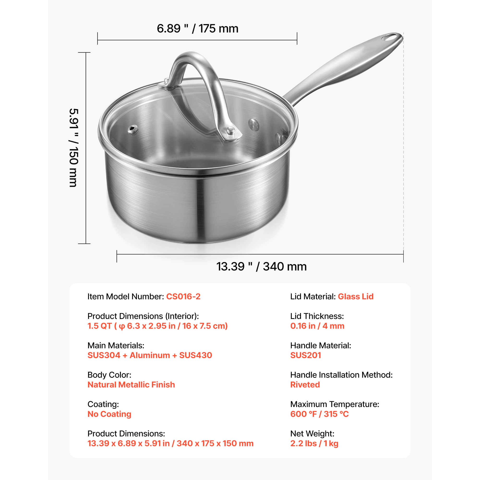 HONGGE Saucepan, Stainless Steel Saucepan with Glass Lid, Multipurpose Nonstick Stainless Steel