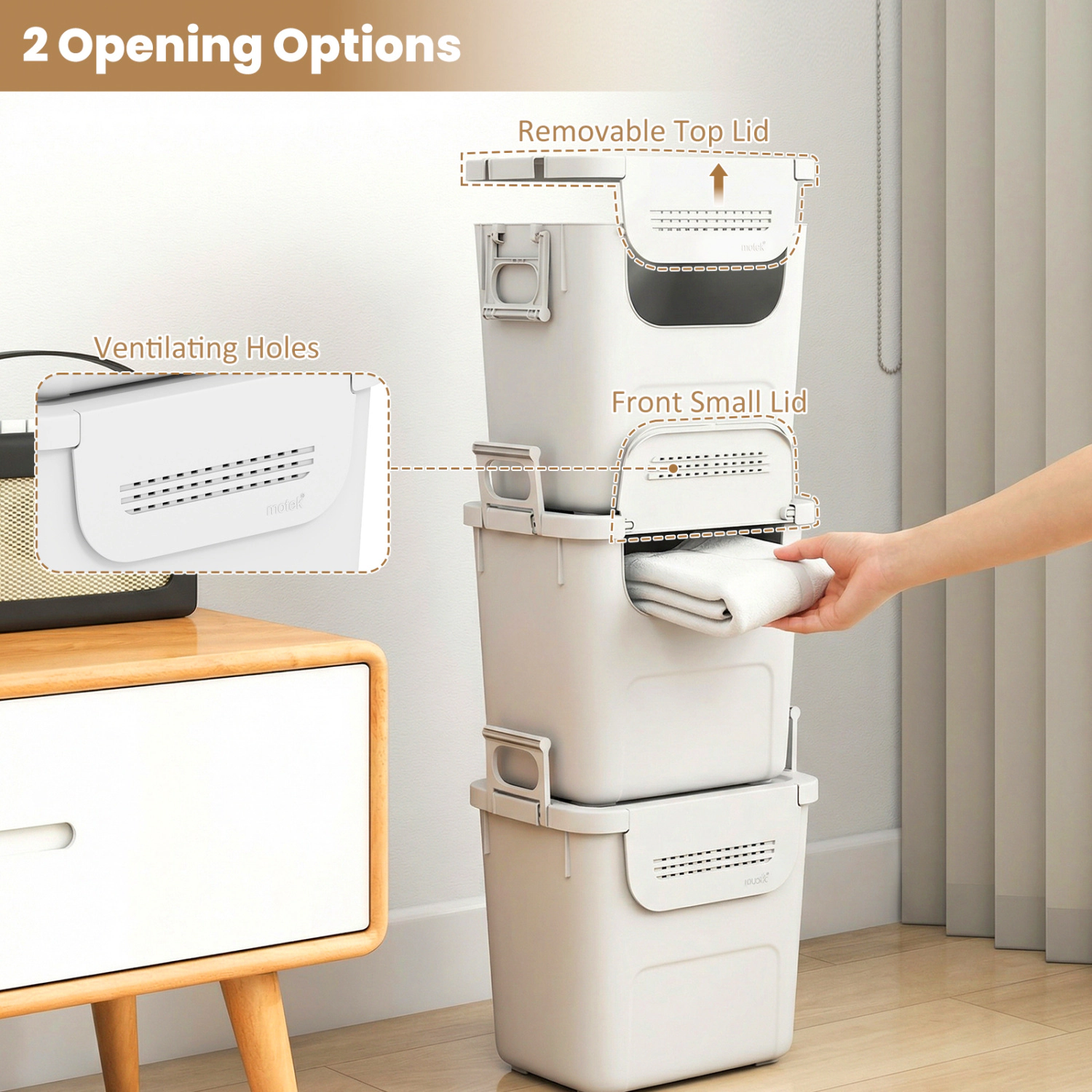 LJG 3 Pieces Plastic Storage Bins Stackable with Front Door and Side Handles