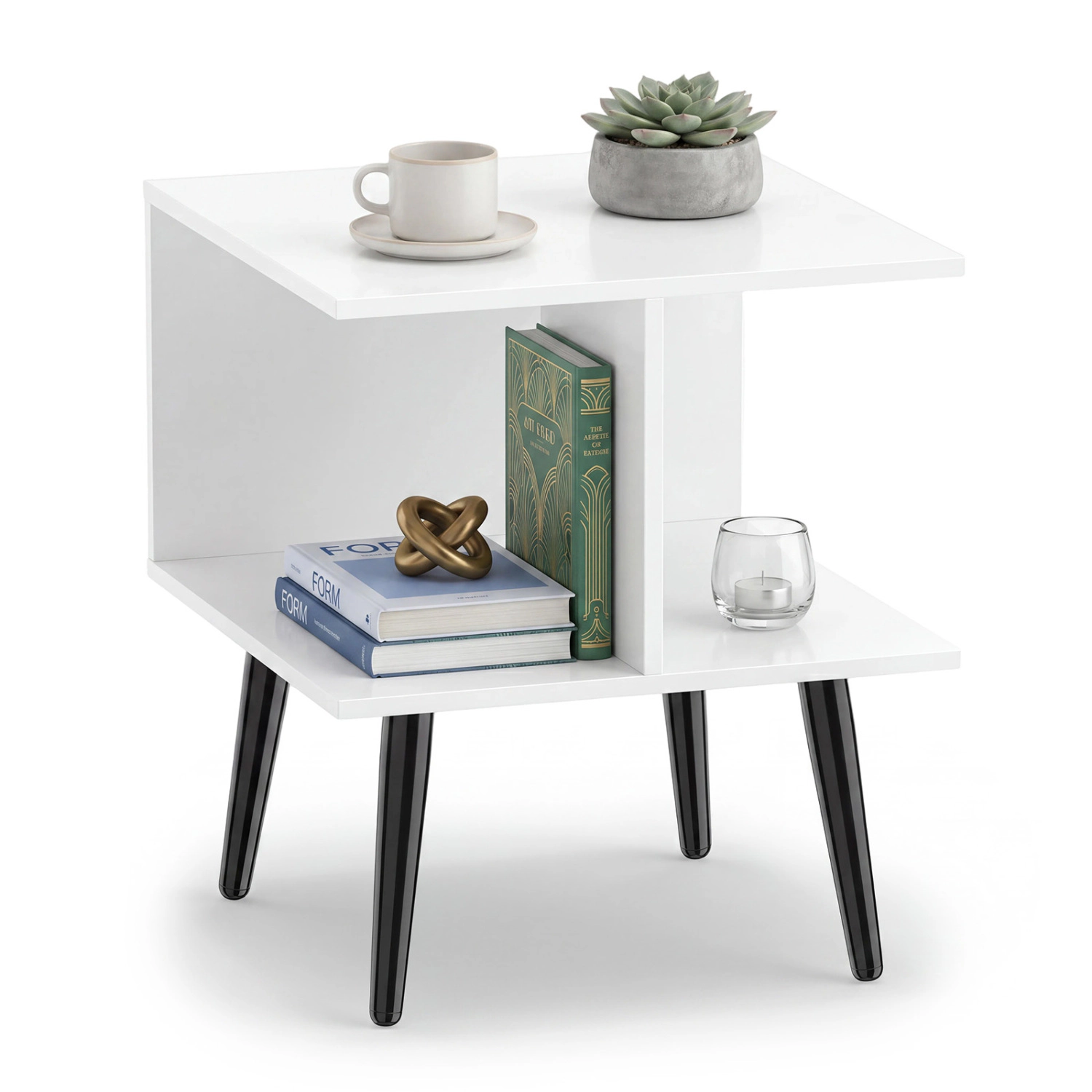LJG 2-Tier Mid Century Modern End Table with 2 Compartments and Metal Legs