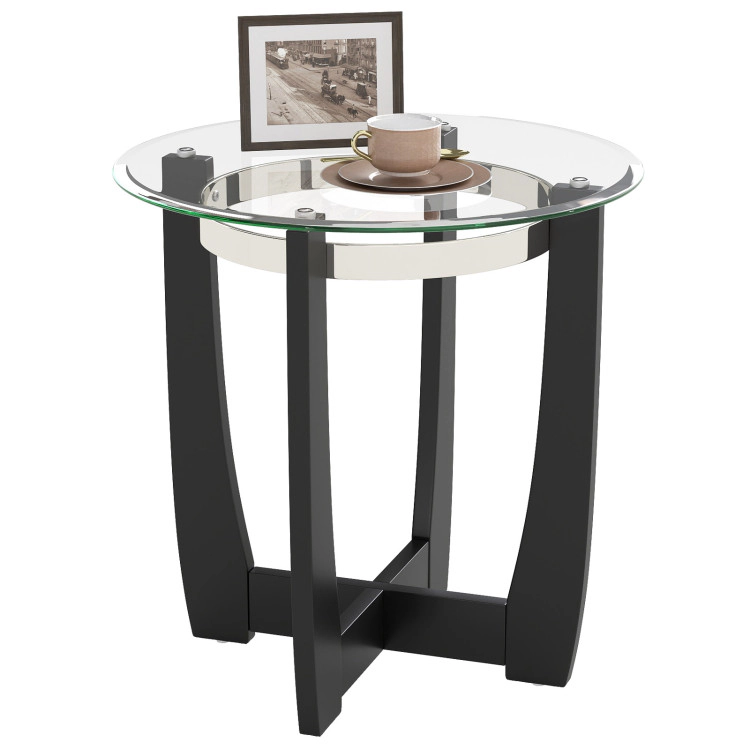 Hivvago 24 Inches Round Side Table With Tempered Glass Top And Solid Rubber Wood Base