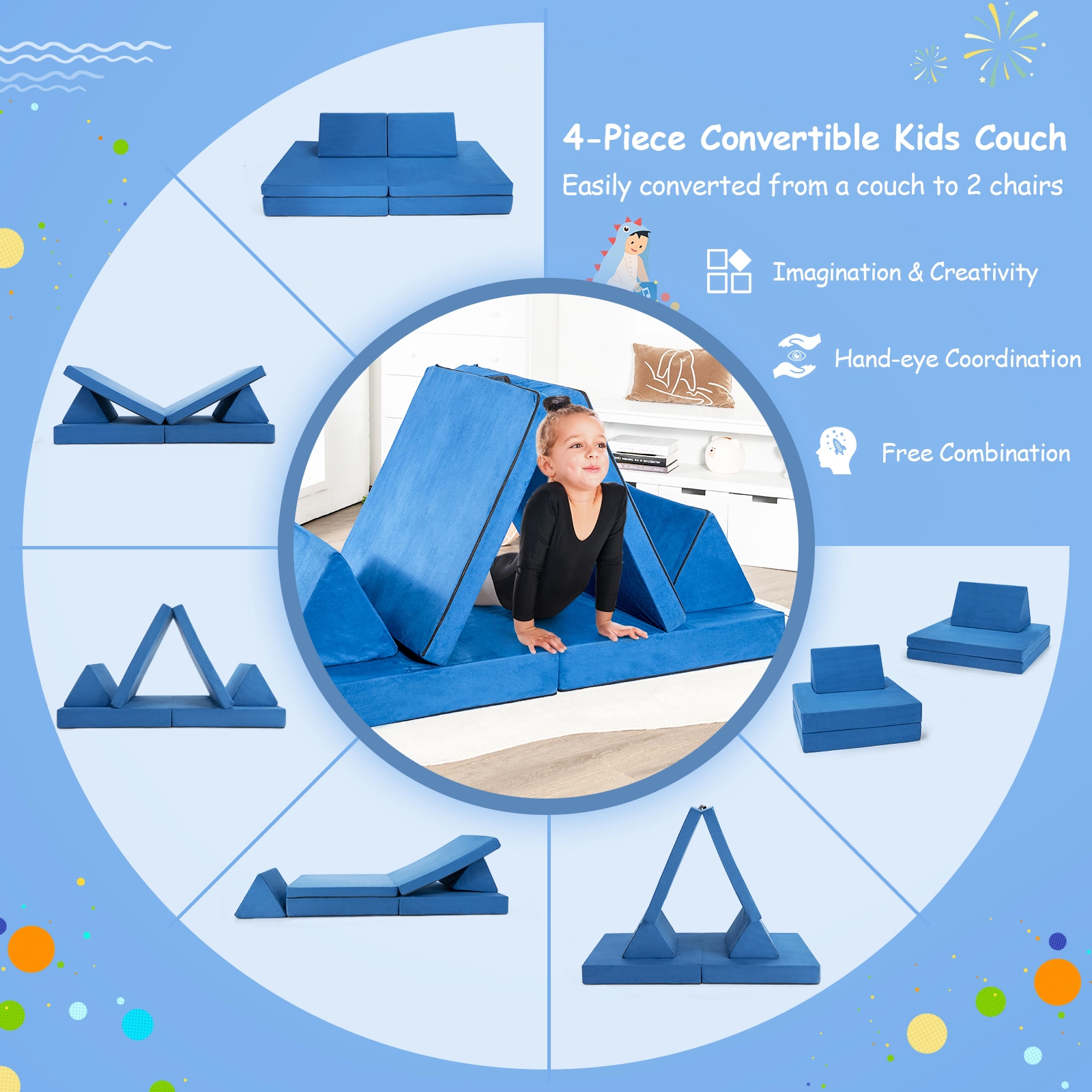 SUGIFT 4-Piece Convertible Kids Couch Set with 2 Folding Mats 220-Lb Capacity Blue/Yellow