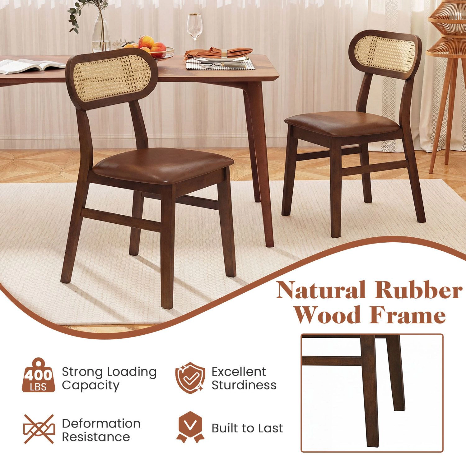 SlickBlue Set of 2 Dining Chairs with Rattan Backrest and PU Seat