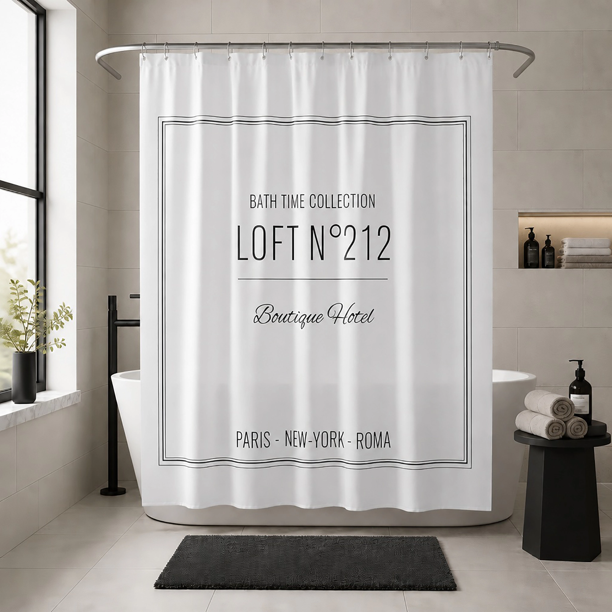 Evideco French Home Goods Black Script Print Woven Polyester Shower Curtain Panel