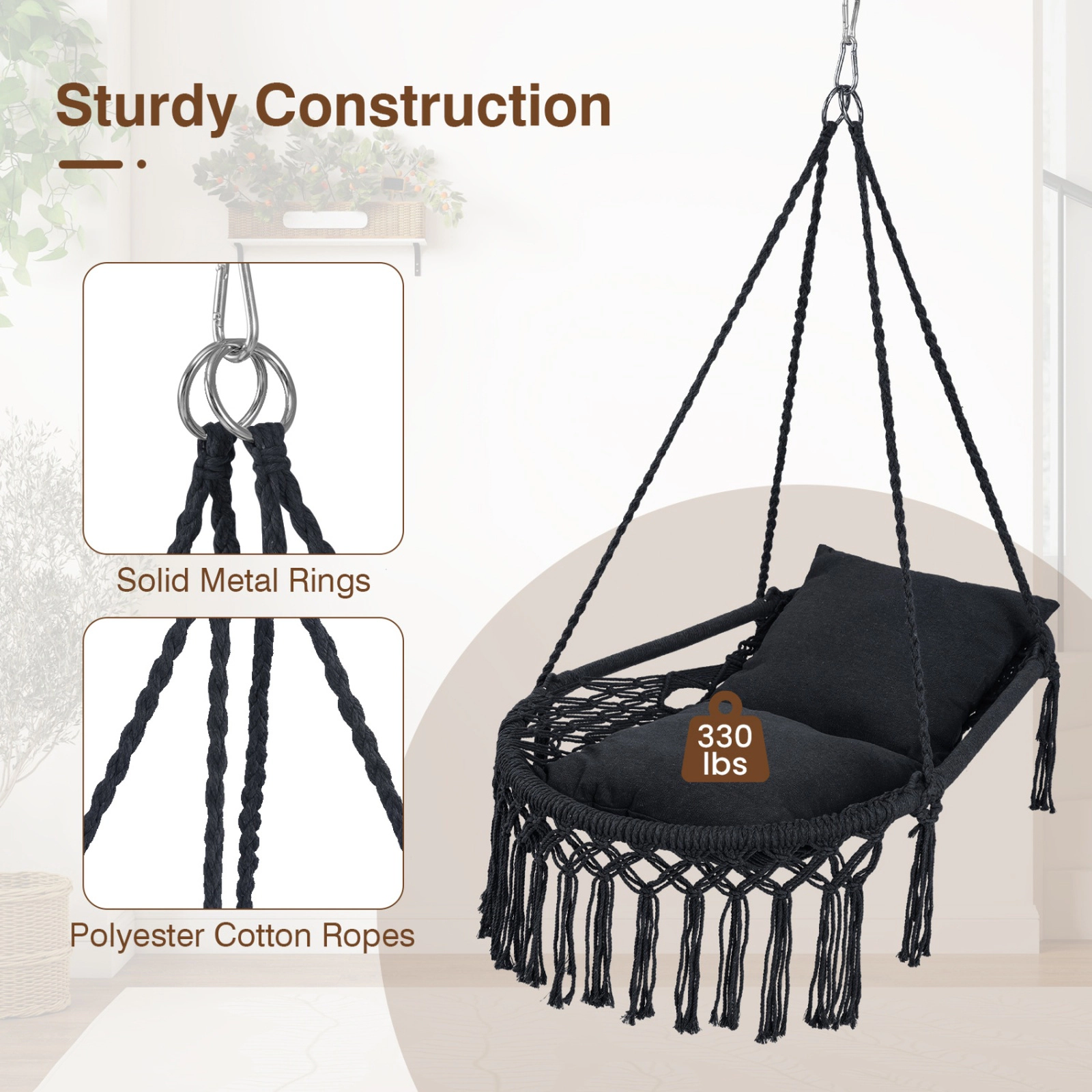 SUGIFT Black Cushioned Hanging Hammock Chair, 330-Lb Capacity, Foldable Frame, Indoor/Outdoor