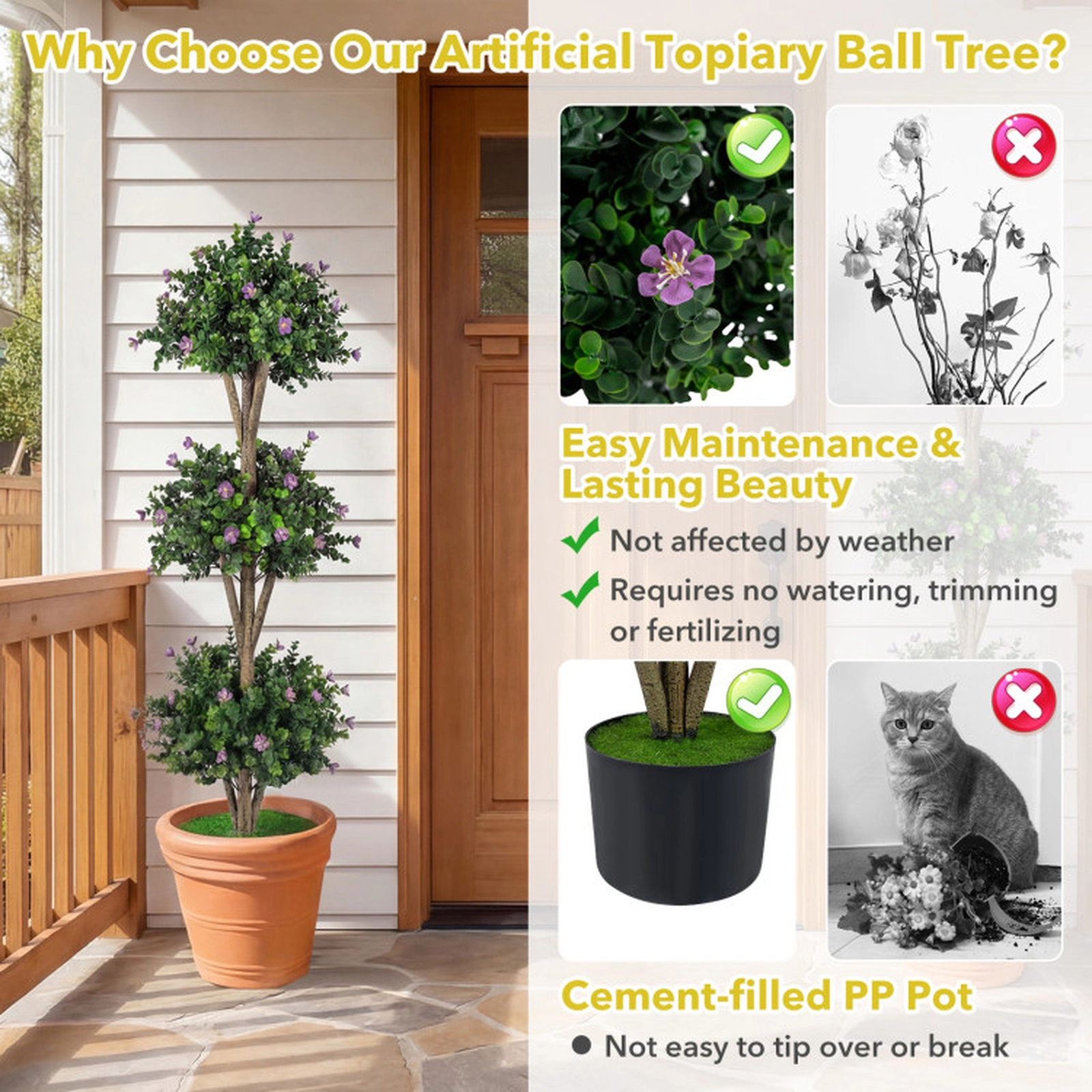 SUGIFT Triple Ball 59 Blossoms Cement-Filled Pot Artificial Boxwood Topiary Tree 51-in Tall 7-in Pot 11.5-lb Purple