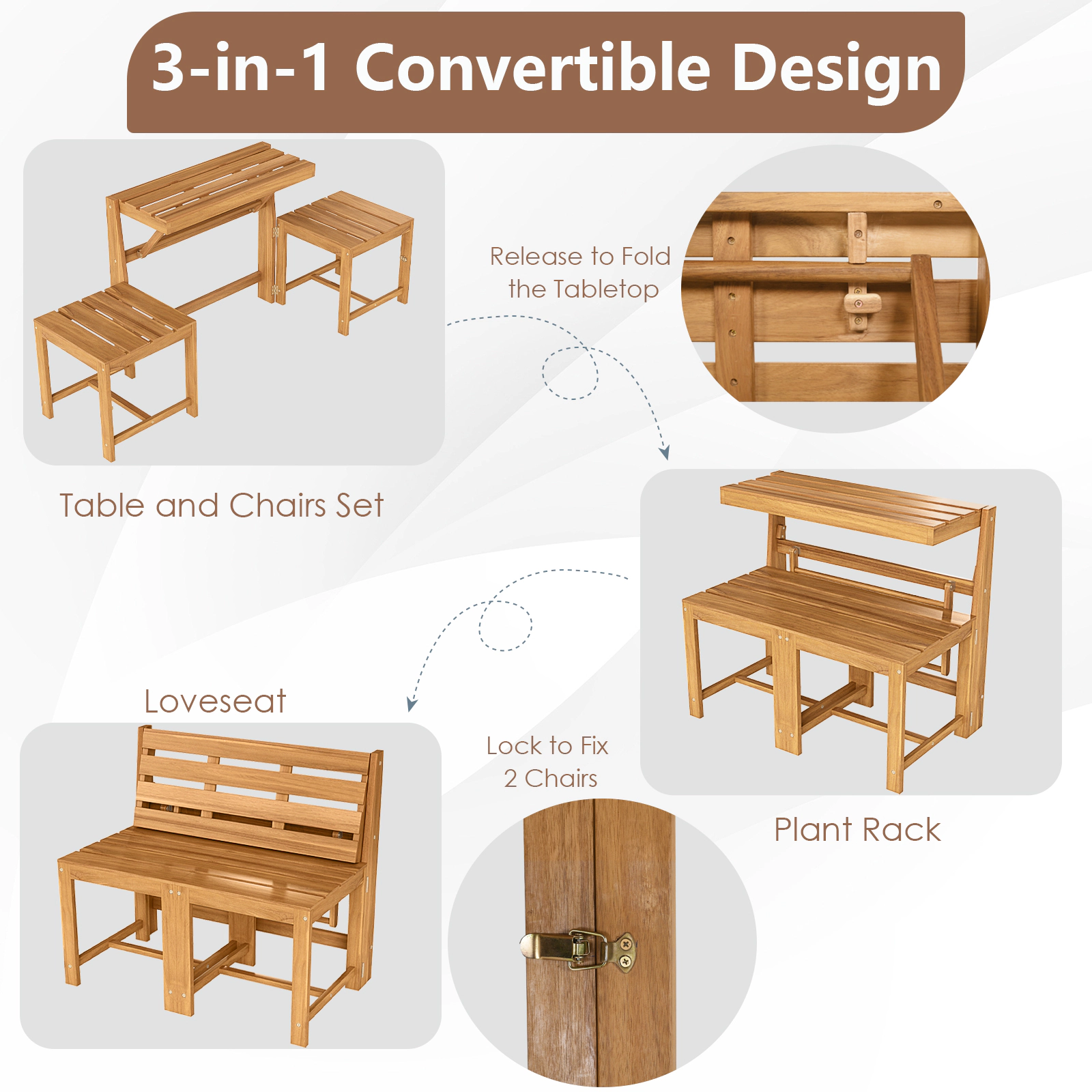SUGIFT 3-in-1 Convertible Outdoor Loveseat Bench Slatted Seat 400-Lb Capacity per Seat 165-Lb Tabletop Capacity Natural