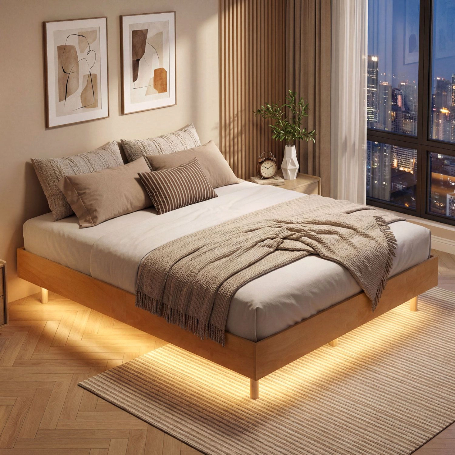 SlickBlue Modern Floating Bed Frame with LED Lights and Wood Slats